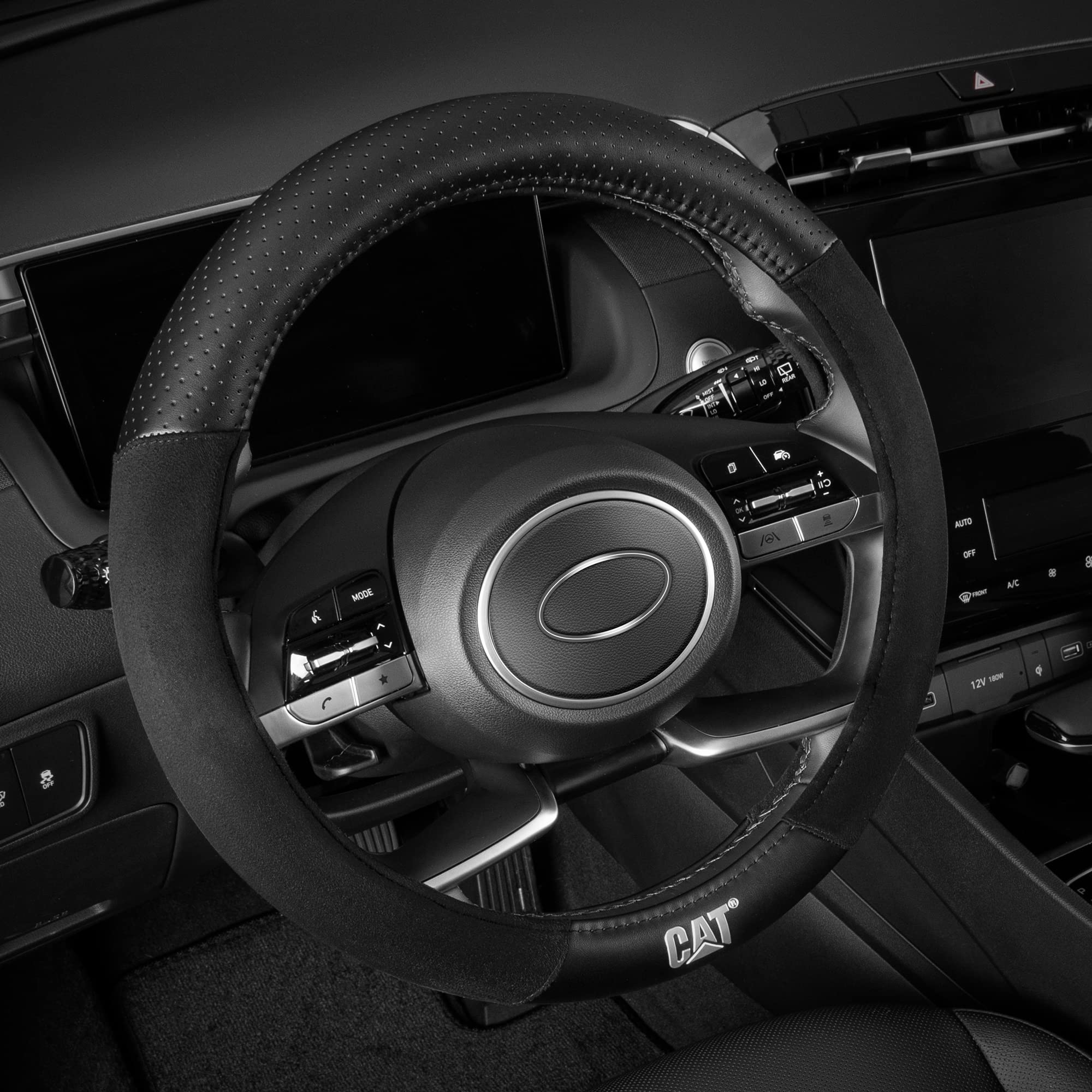 Cat® Steering Wheel Cover - Suede/PU Leather Black/Gray with Chrome Logo - Comfortable and Stylish