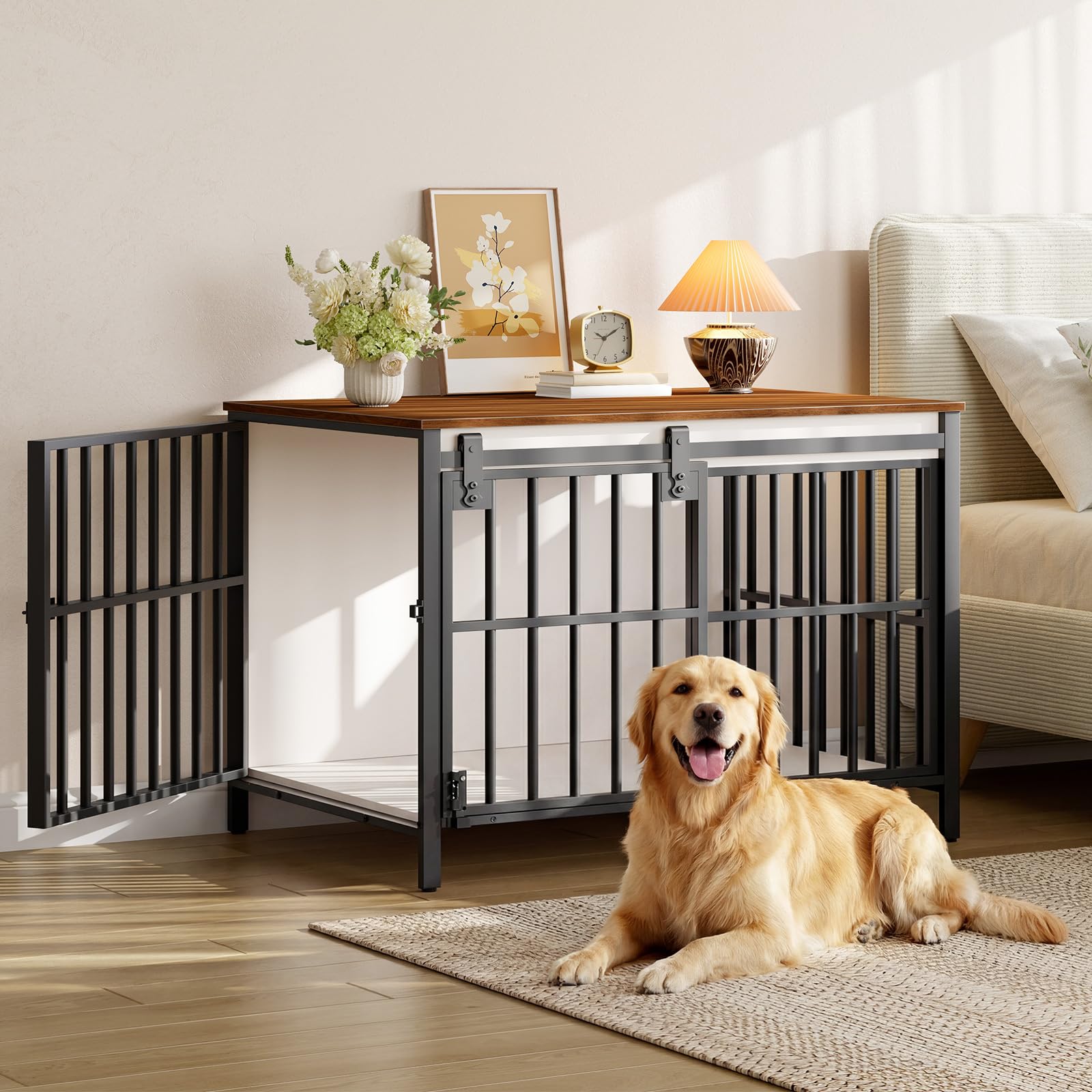 HOOBRO Hundekäfig Möbel, 100cm Hundebox für Zuhause, 2 Türen, Schiebetür, Moderne Hundebox Indoor für kleine bis mittelgroße Hunde, Hundekäfig Hochbelastbar, Weiß und Walnuss EBWH163GW03