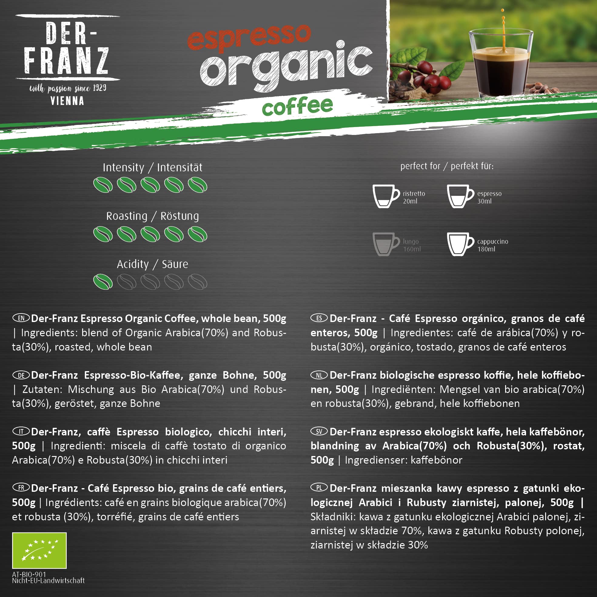 Der-Franz Espresso Organiczna kawa ziarnista pełna, 3 x 500 g