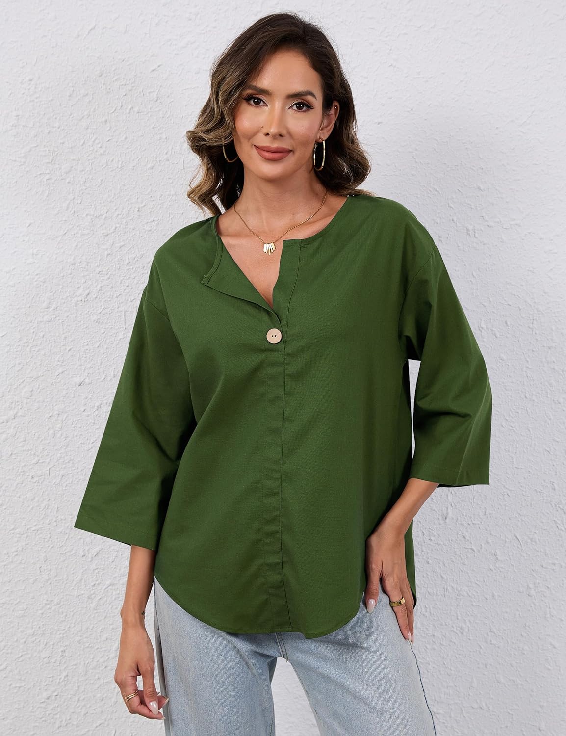 Summer Linen Shirts for Women Button Down V Neck 3/4 Sleeve T-Shirt Blouse Casual Loose Basic Solid Tunic Tops 2025 - Image 6