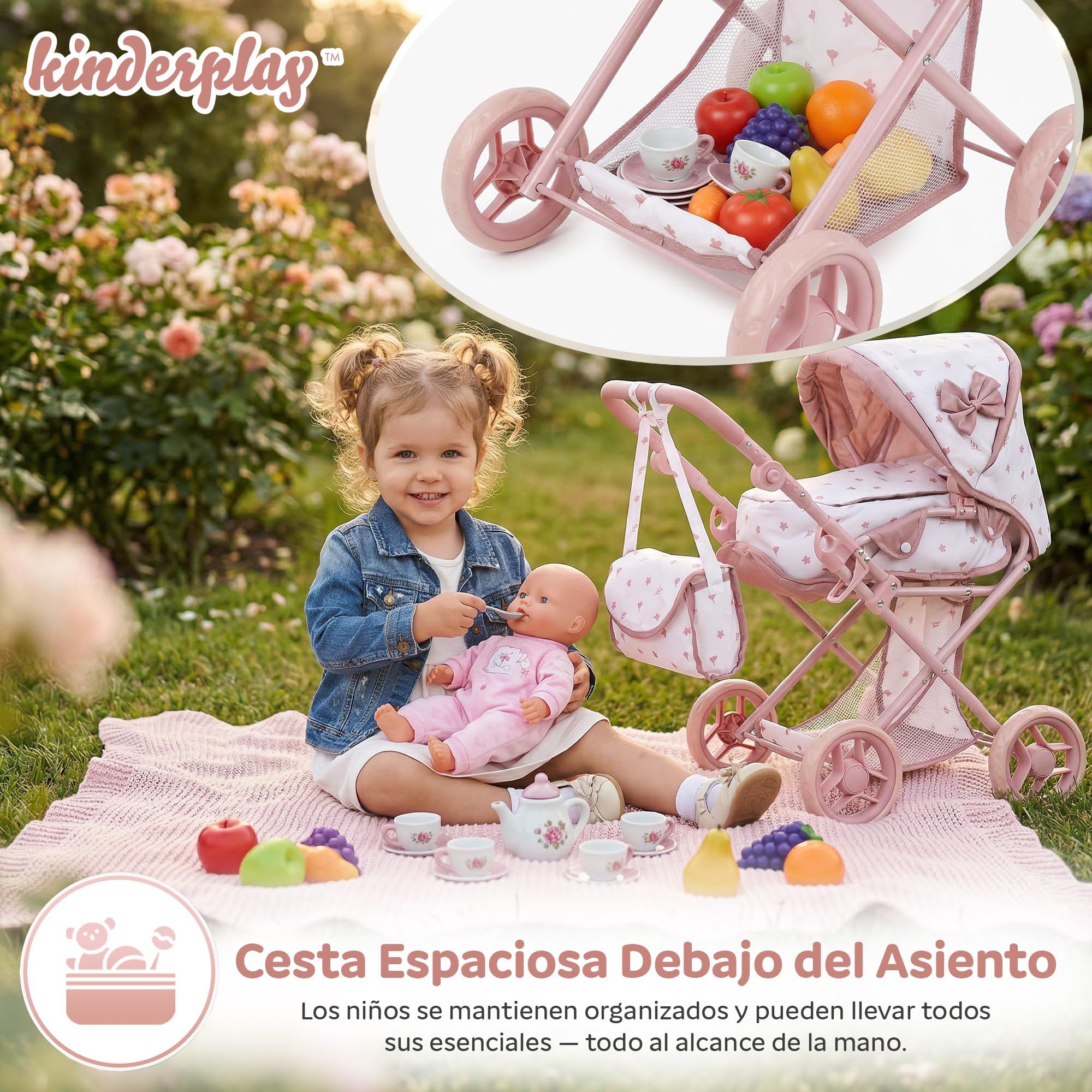 Kinderplay Cochecito de muñecas 3 en 1 Rosa con Bolsa de Transporte – Cochecito de muñeca Ajustable de 36,5 – 64 cm, Plegable, Ruedas de Espuma silenciosas, para muñecas de hasta 40 cm, a Partir de 3