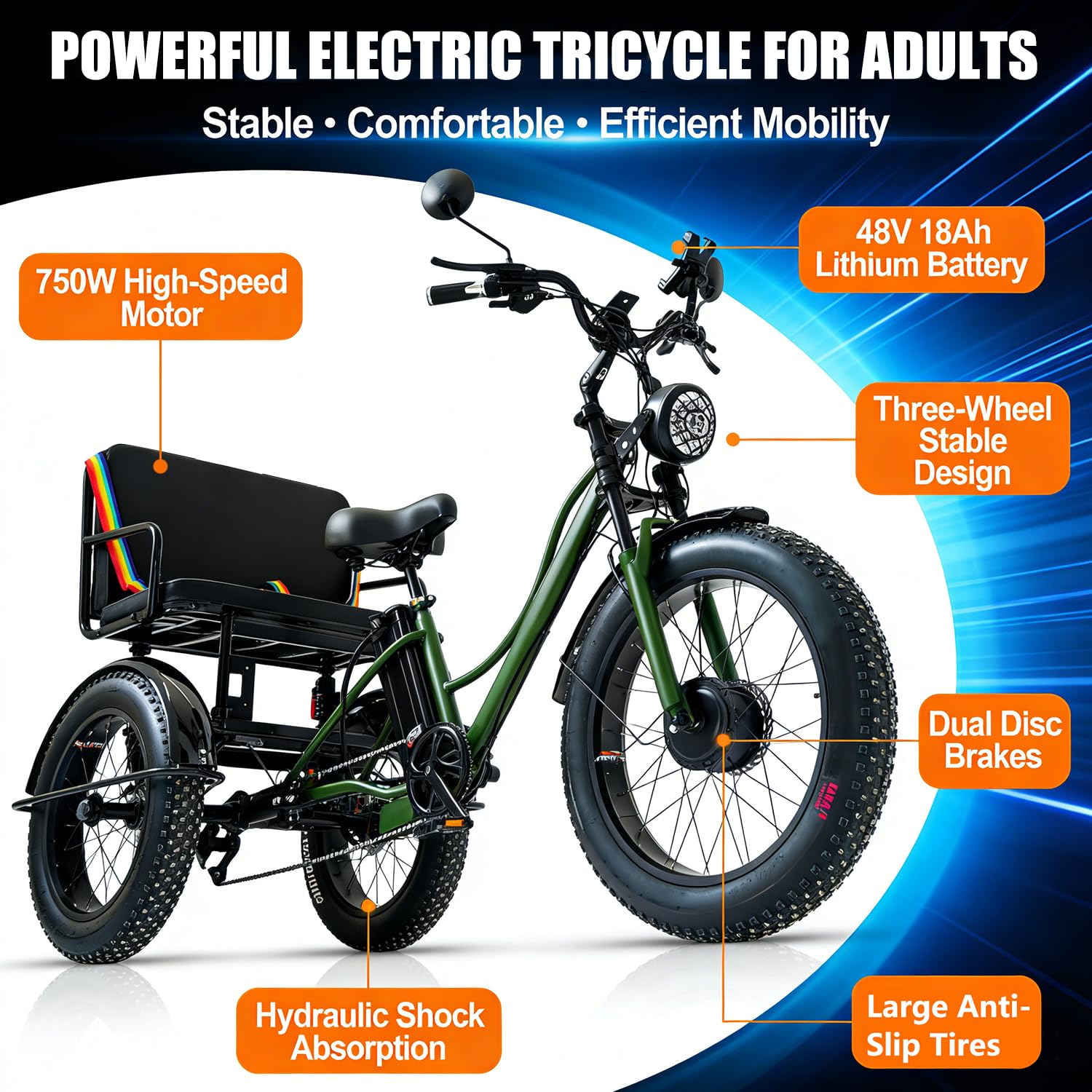 Triciclo Elettrico Adulti,18Ah Lunga Autonomia, Veicolo Elettrico a Tre Ruote Stabile con Cestino Posteriore, 7 velocità, Freni a Disco, per Spesa, Pendolarismo e Tempo Libero Black