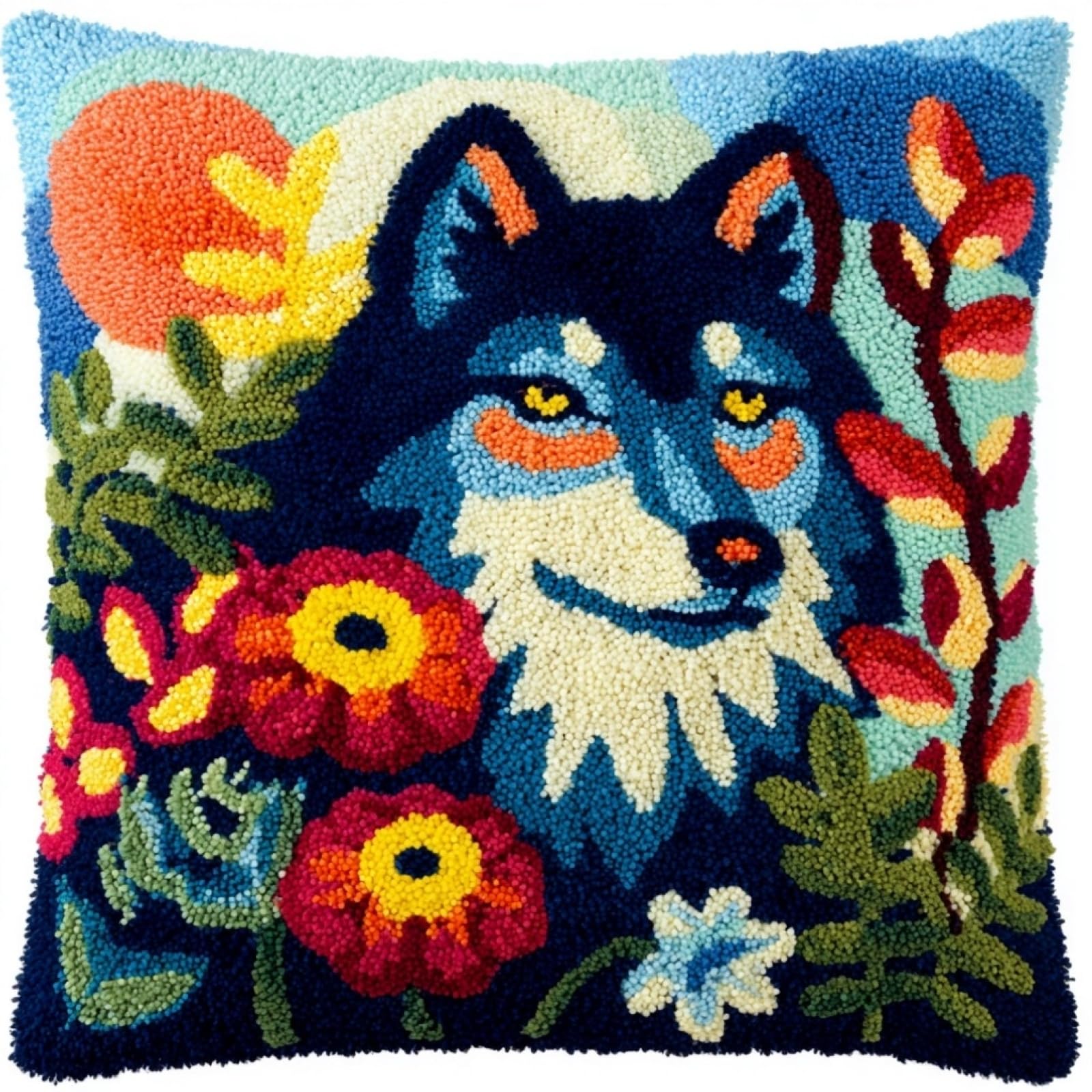 AxiangziK Pre-Printed Latch Hook Pillow Kit,Flowers and Wolves