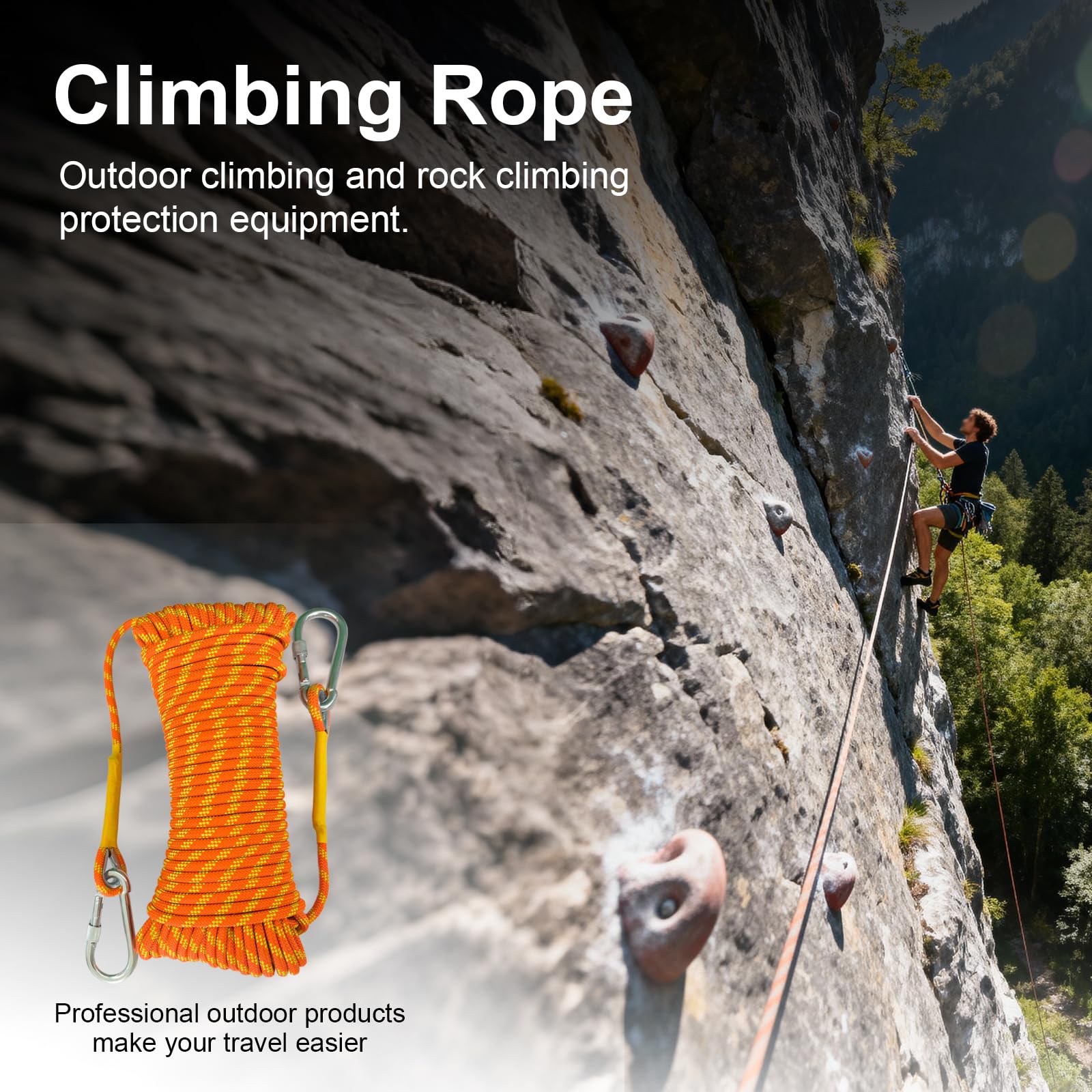 Corde d'escalade statique 10m 12mm avec 2 mousquetons acier certification UIAA orange réfléchissante