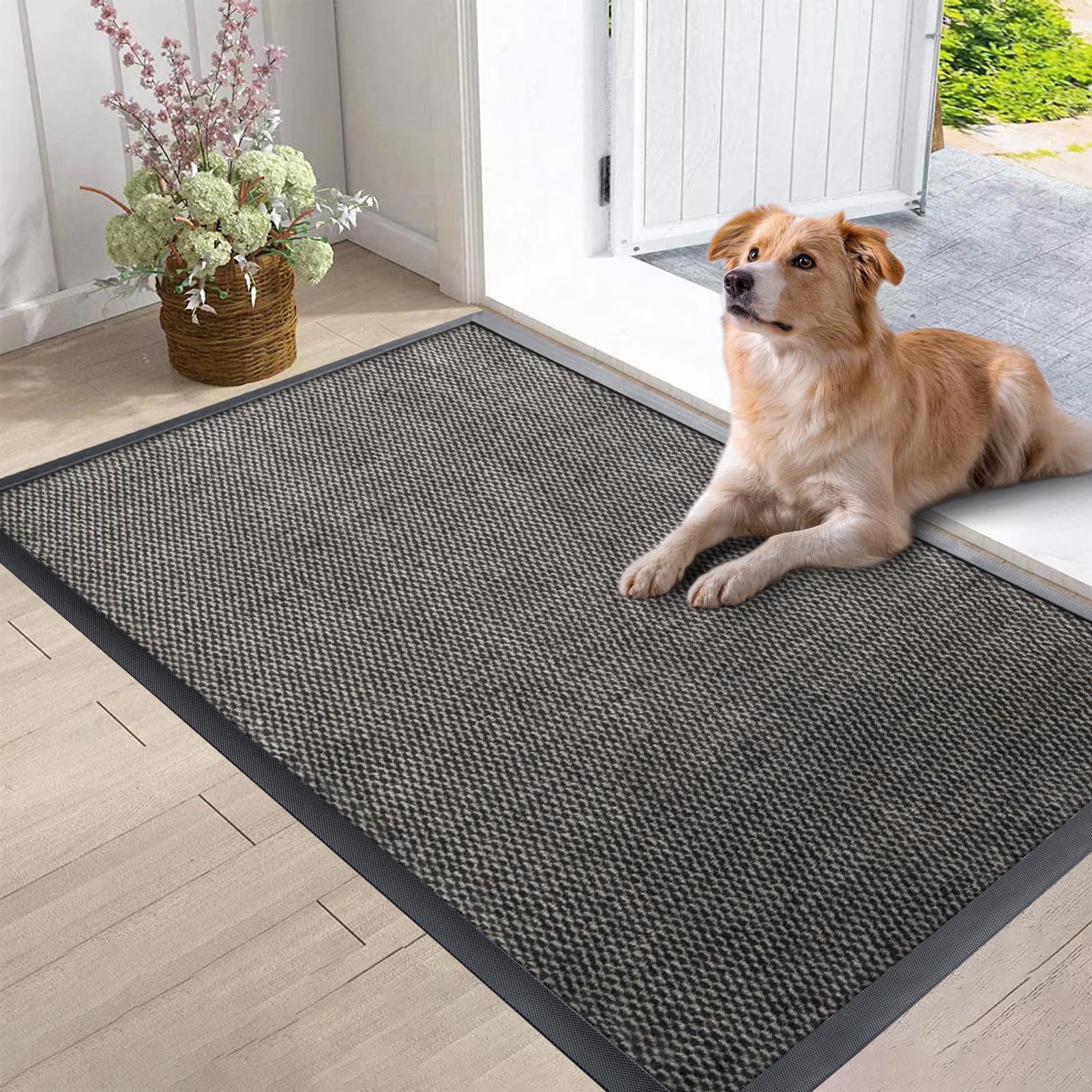 Door Mat Indoor Entrance, Outdoor Mats for Front Door, Non Slip Mat Inside and Outside, Entry Mat Doormat for Entryway, Washable Floor Mats, All Seanson Sturdy Natural Rubber Rugs, 60x36 Inch, Grey