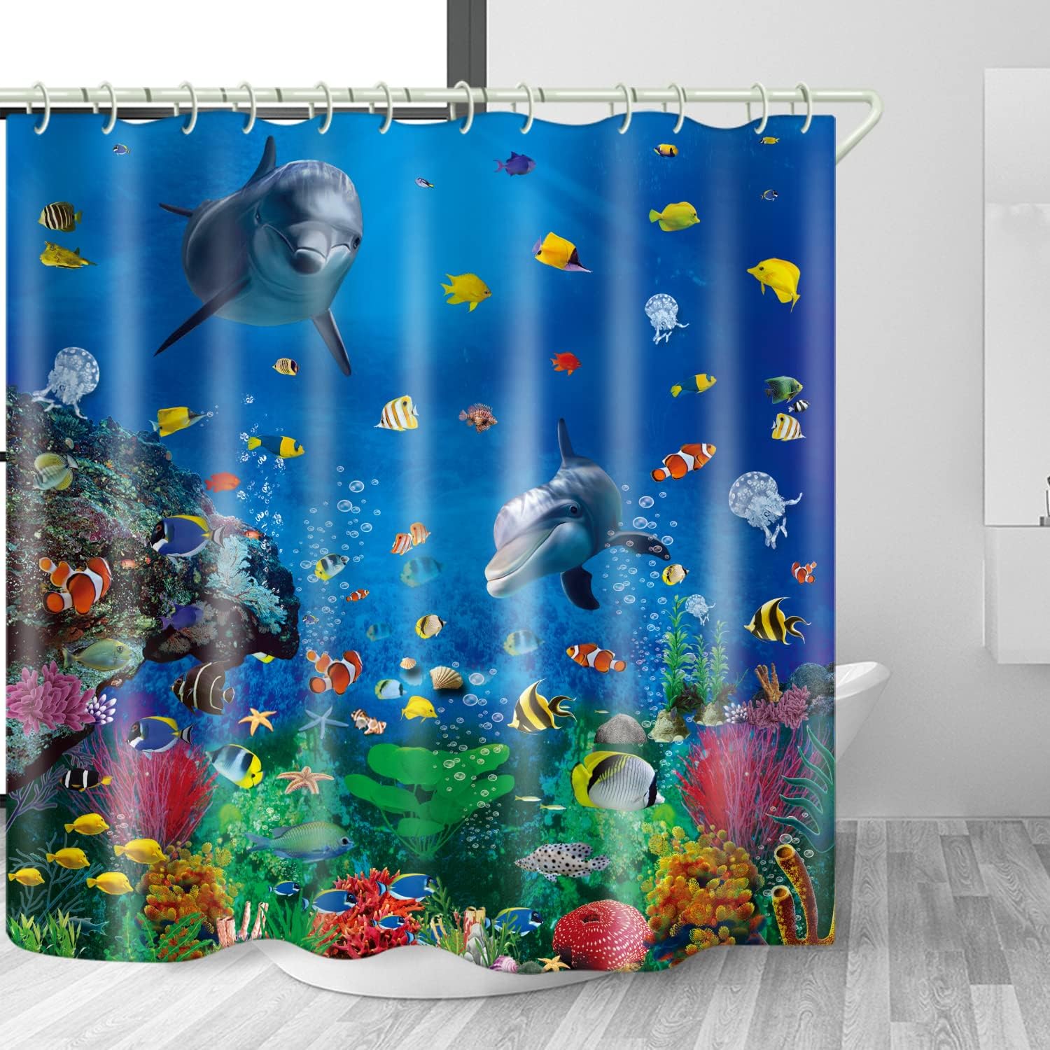 LYFANS Bathroom Underwater World 3D Shower Curtains, Deluxe Standard Bathtub Waterproof Shower Curtains, Washable Fabric Shower Curtain, with 12 White Hooks, 59x72 Inches.
