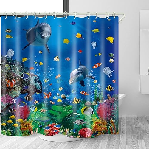 Miniatura 8 de LYFANS Cortina de ducha 3D de mundo subacuático, cortinas de ducha impermeables para bañera estándar de lujo, cortina de ducha de tela lavable, con