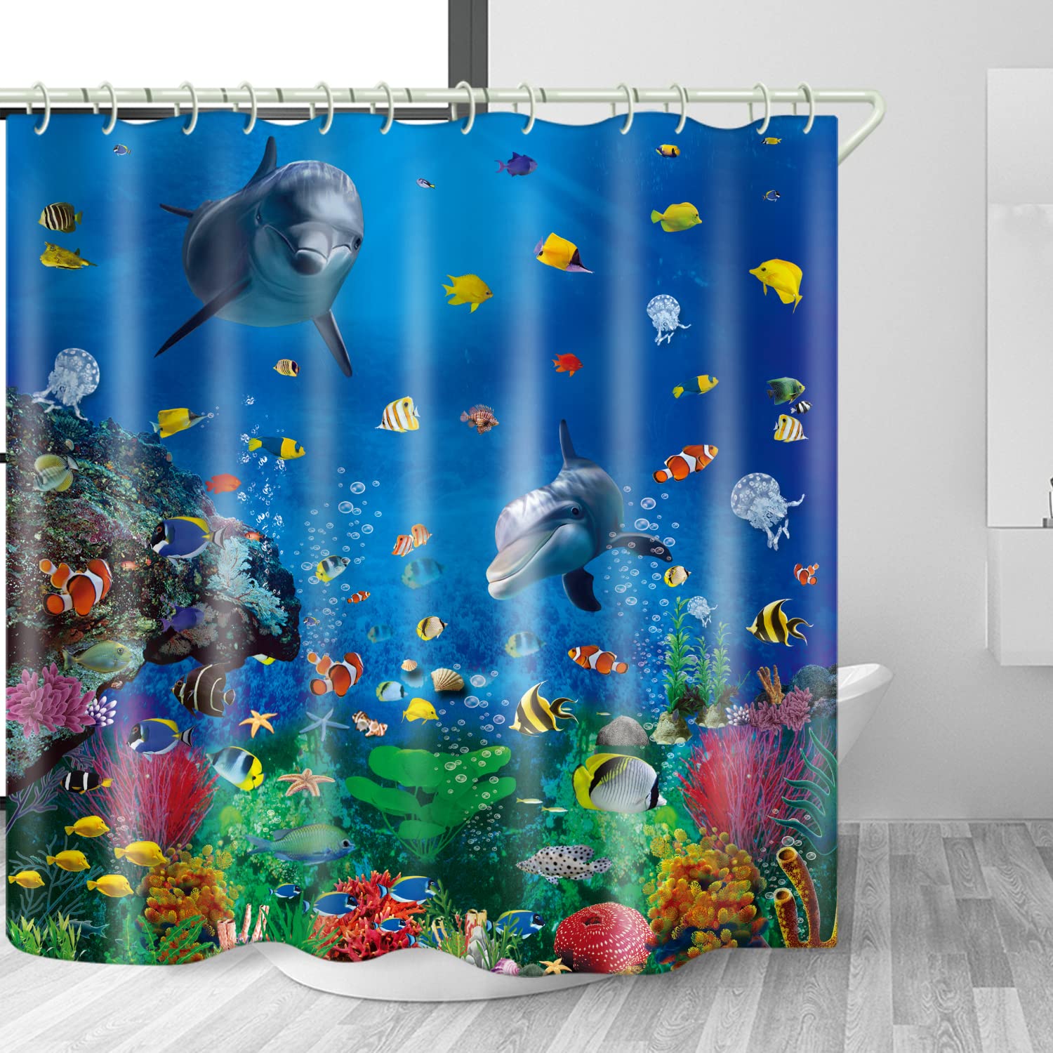 LYFANS Bathroom Underwater World 3D Deluxe Bathtub Shower Curtain, Waterproof Washable Fabric, 72x72 Inches, with 12 White Hooks