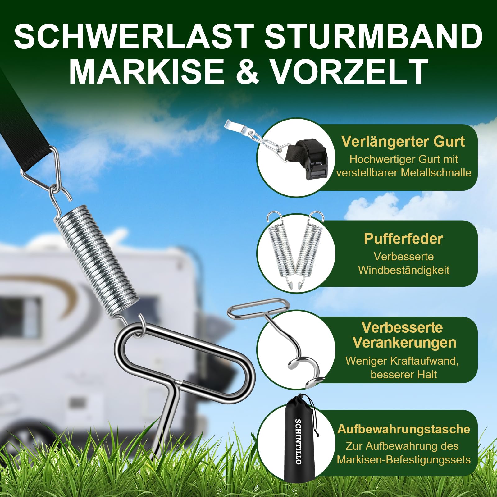 Kit de Sujeción para Toldos, Correas para Tormentas para Thule Omnistor, Protección contra Tormentas para Toldos de Autocaravanas y Caravanas con Anclajes al Suelo Resistentes de 39 cm