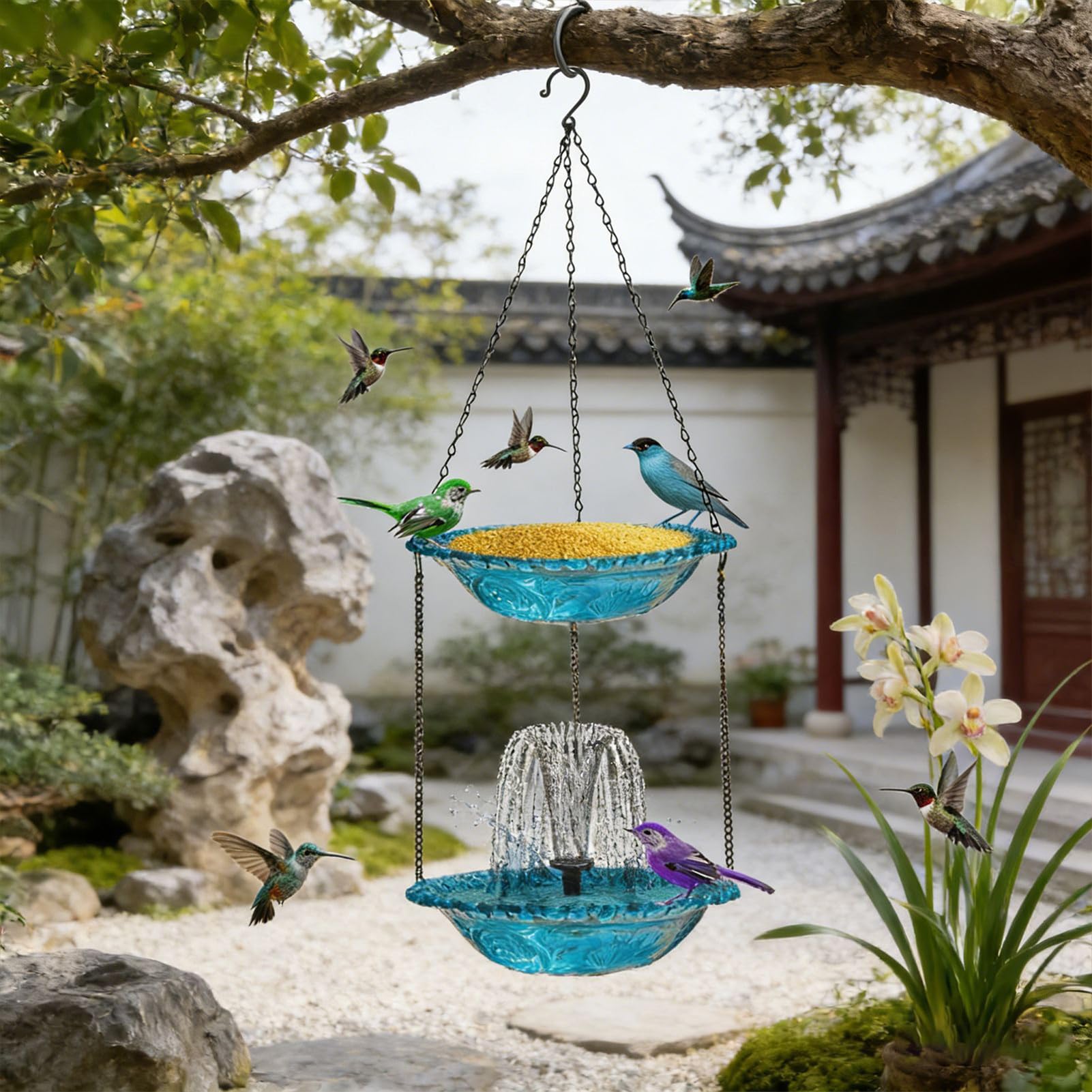 Fontana solare per vaschetta per uccelli, decorazione decorativa con vassoio per alimenti, vasca solare per uccelli, per patio, giardino, piscina, terrazza, cortile, casa paesaggistica