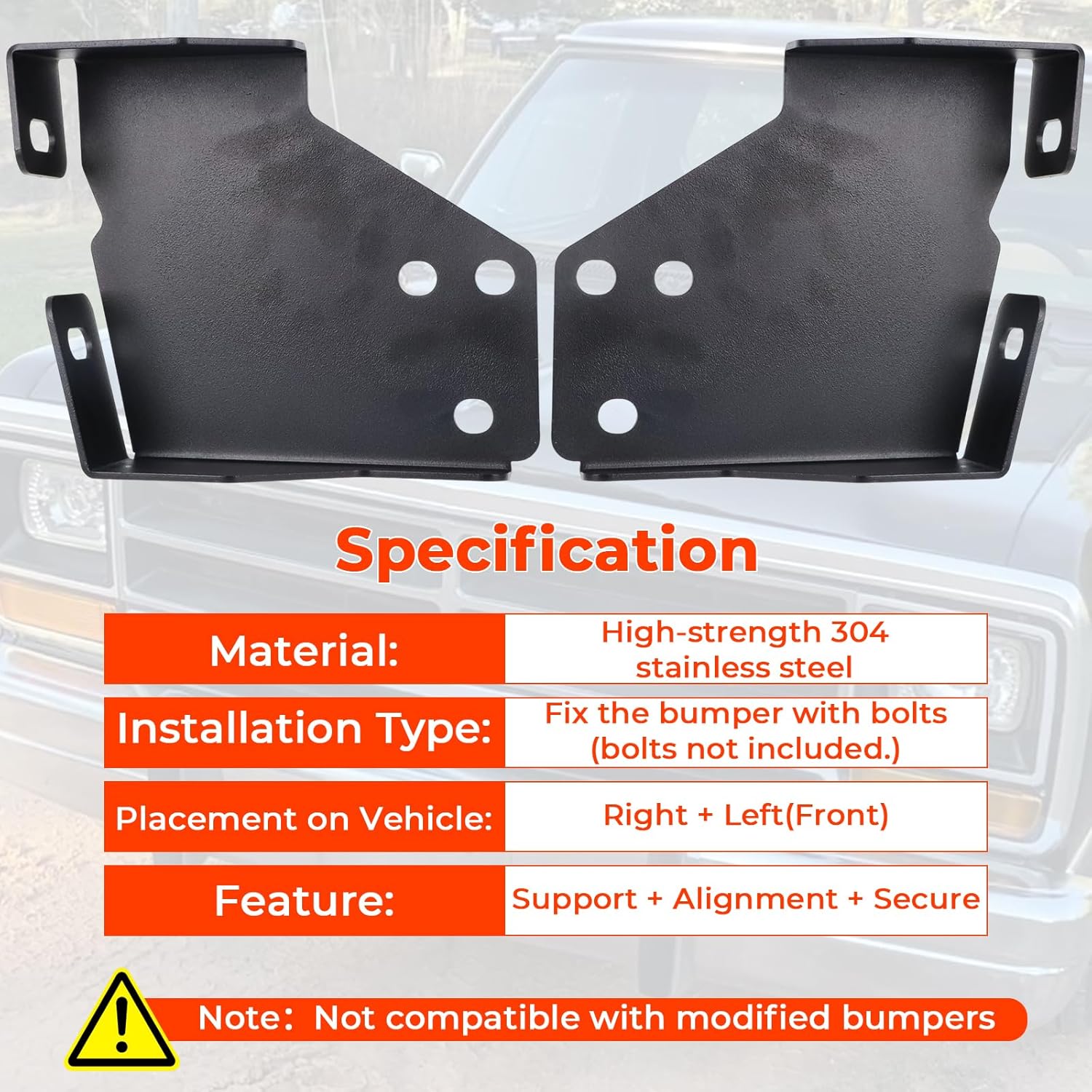 Front Bumper Support Brackets Driver & Passenger Side Pair for 1986-1993 Dodge Ramcharger & Trucks (D/W 150, D/W 250, D/W 350) - for W/D Series, Stainless Steel Replacement Brackets, Left+Right