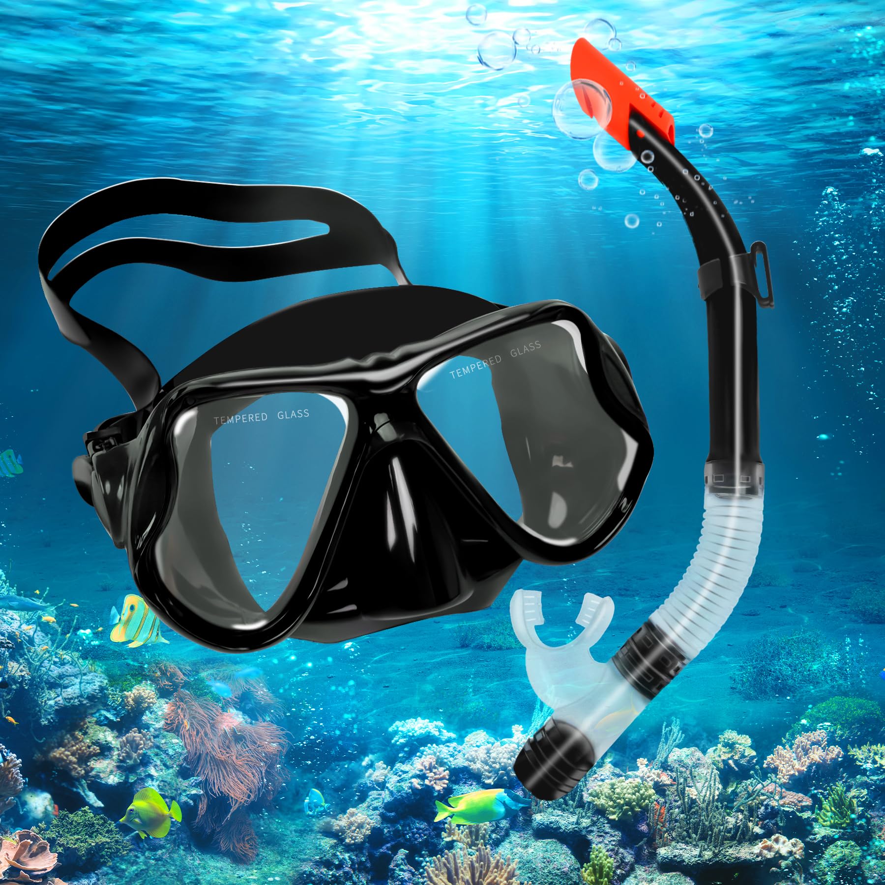 Gafas Buceo Adulto, 180° Panorámica HD Vista Gafas Snorkel, Gafas y Tubo Snorkel Dry Antivaho, Mascara Snorkel Cristal Templado Anti-Fugas, Profesional Mascara Buceo para Hombres Mujeres
