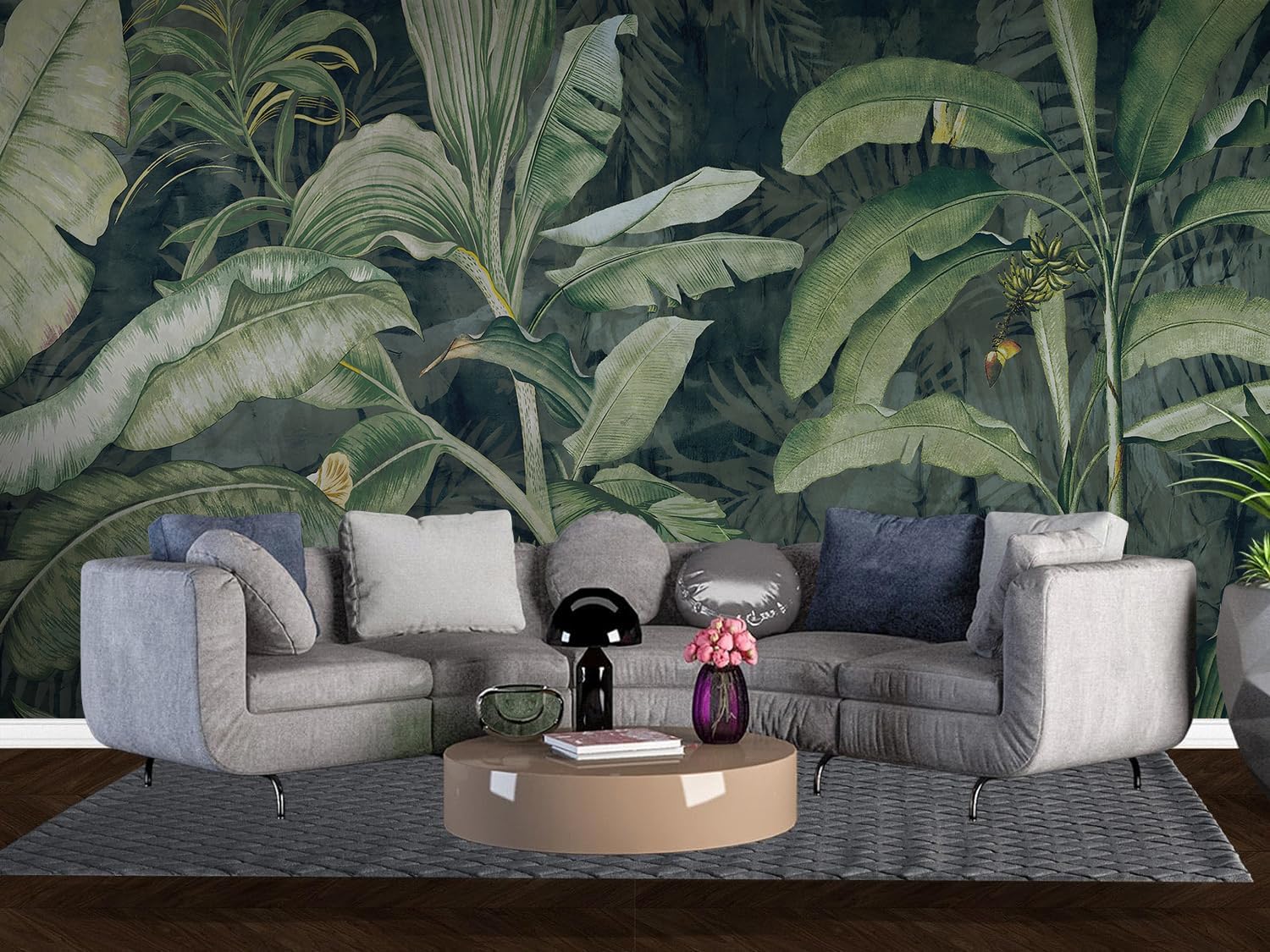 Green Black Grey Tropical Palm Tree Forest Plant Yellow Flower Wall Mural Peel and Stick Art Wallpaper Self Adhesive Removable Mural Large Foil Wall Decor Print Picture