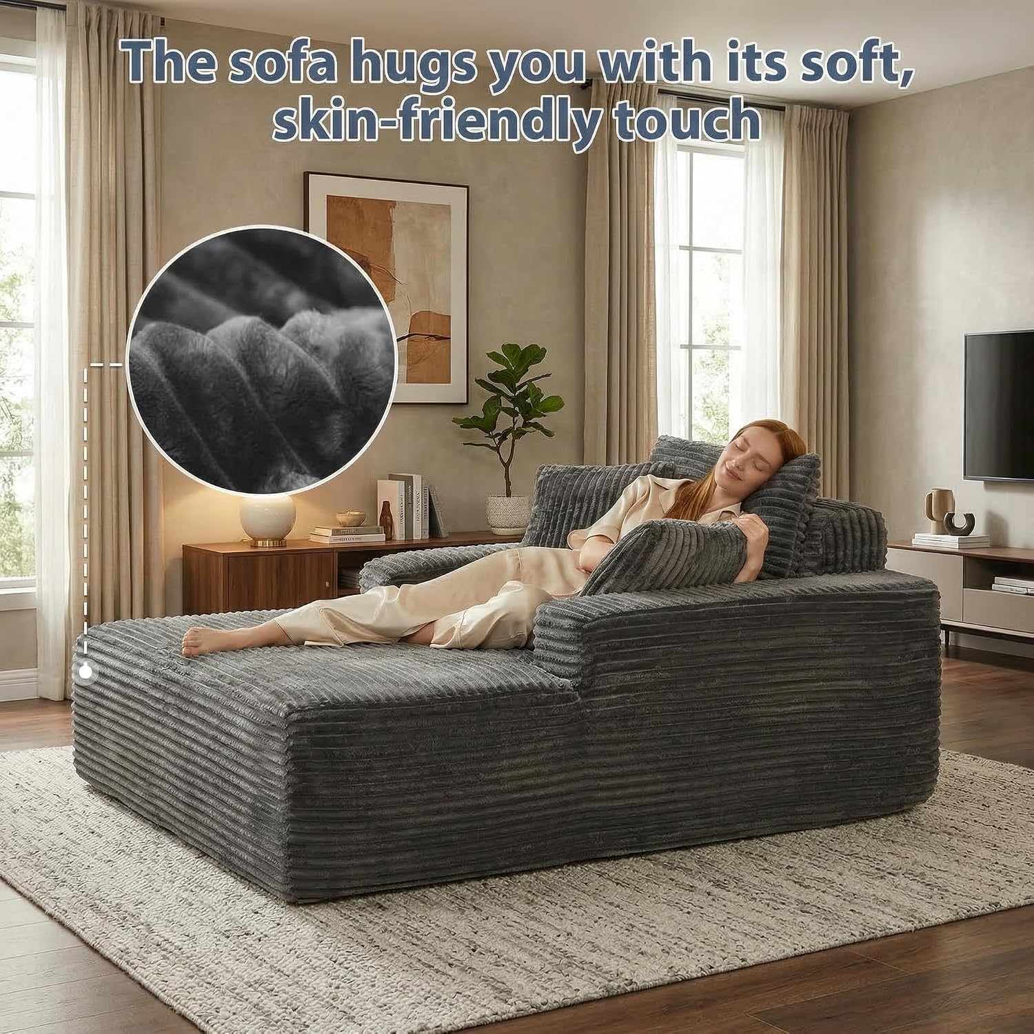 63’’ Oversized Boneless Chaise Lounge Chair, Corduroy Fluffy Reading Couch, Deep Seat Sleeper Chair for Small Spaces, No Assembly, Self-Expanding Design (Grey)