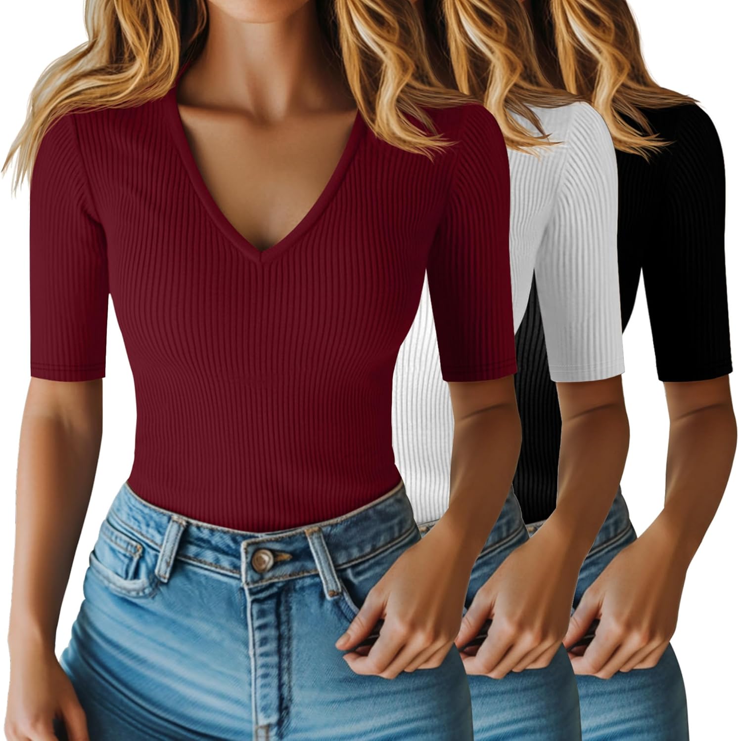 Riyiper 3 Pack Women's Half Sleeve Top Elbow Length Ribbed Cotton T Shirt Women V Neck Summer Tee Slim Fit Casual Blouses