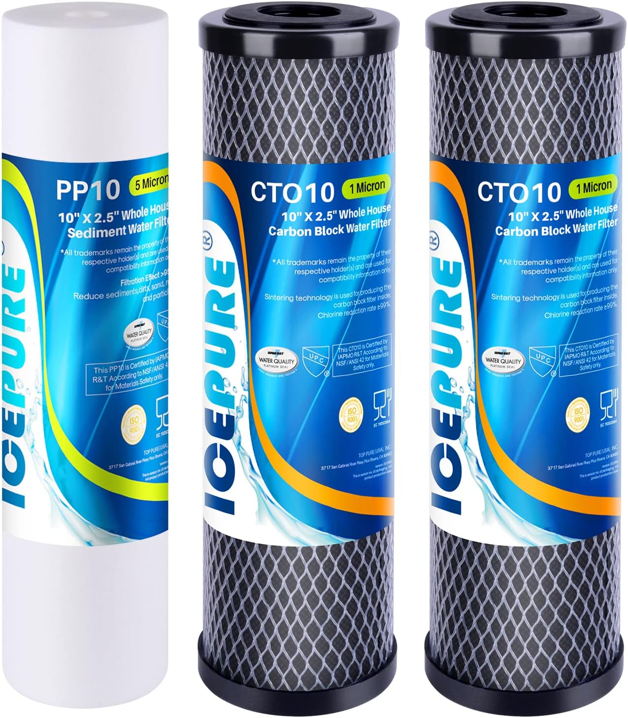 ICEPURE 10" x 2.5" Whole House Water Filter & RO 3-Stage Filter, Sediment & CTO Carbon Block Filters, NSF 42 Certified, Replacement for APEC ROES-50, iSpring RCC7AK, Express Water RO System, 3 Pack
