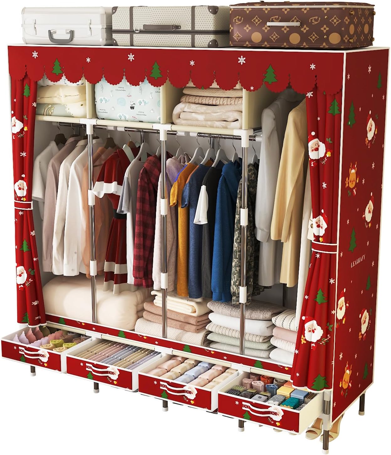 Portable Wardrobe with 4 Drawers, 4 Hanging Rods - 67" Tall Sweater Organizer, Sturdy Easy Temporary Bedroom Wardrobe Organizer, Brown