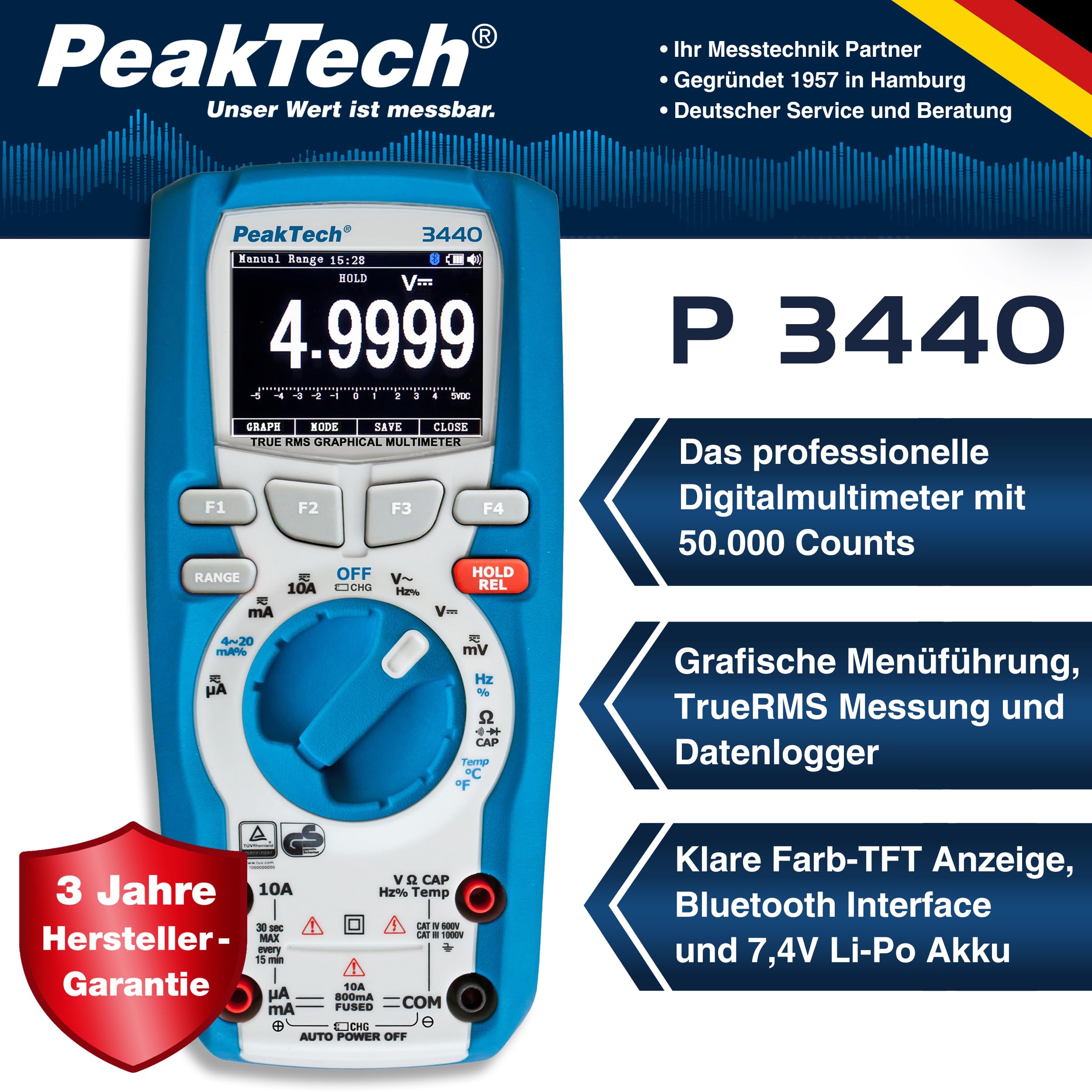 PeakTech P 3440 Multimeter digital + 4.0 Bluetooth & Grafik-Display [3 Jahre Garantie] 50000 Counts, Profi digital Multimeter, TÜV/GS, Spannungsprüfer Durchgangsprüfer Spannungsmesser -CAT III 1000 V