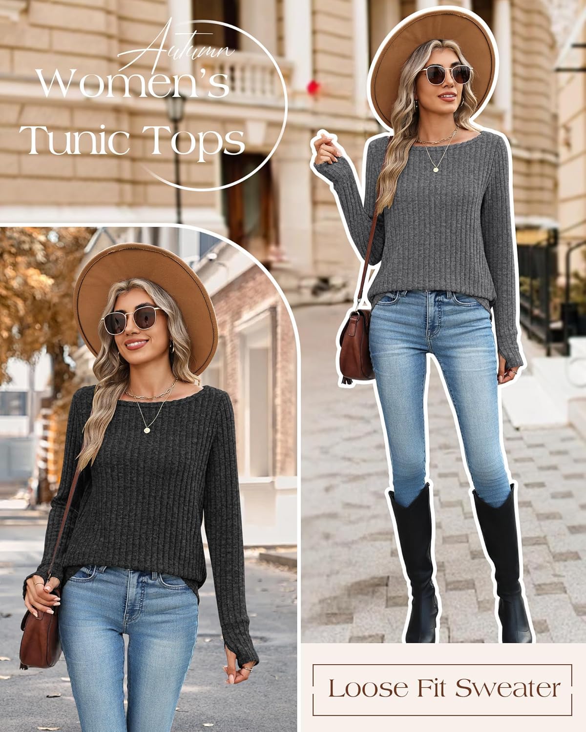 3 Pack Womens Long Sleeve Sweatshirt Boat Neck Loose Fit Tunic Sweater Lightweight Curved Hem with Thumb Hole Top - Image 4