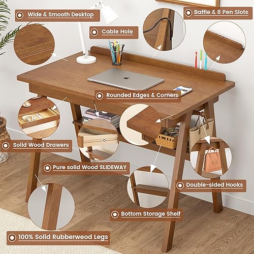 Miniatura 4 de Escritorio 100% de madera maciza con cajones y estante de almacenamiento, escritorios modernos de mediados de siglo de 40 x 24 pulgadas, escritorio