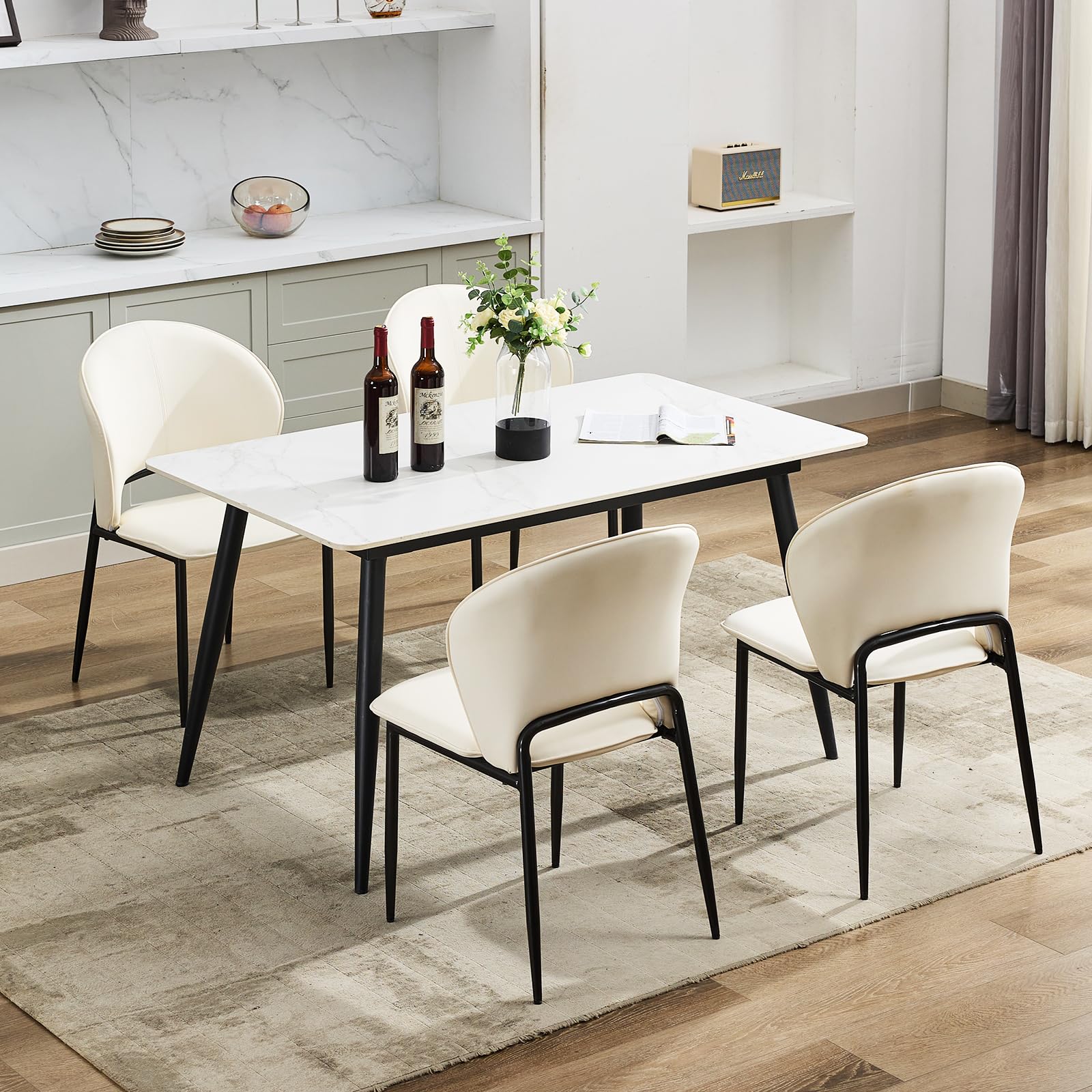 Mid Century Modern Dining Chairs Set Beige Faux Leather 4 Pack Kitchen and Dining Room Upholstered Mid-Back Accent Chair