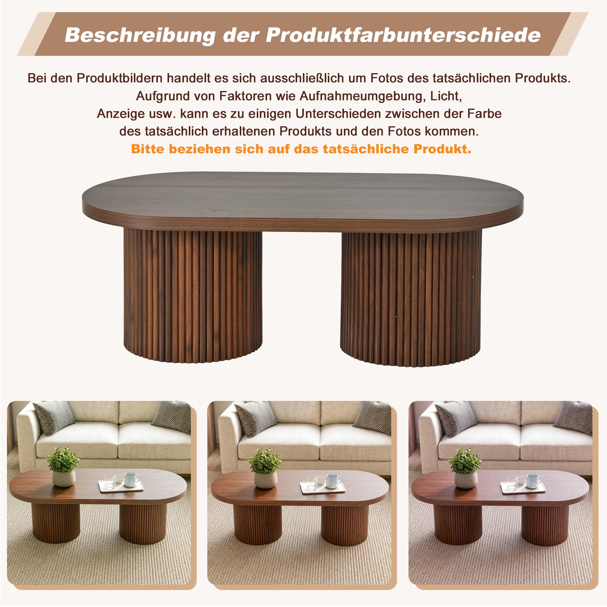 Kebnor Mesa de centro ovalada, mesa auxiliar de madera, mesa auxiliar moderna para sofá con base de columna romana para salón, balcón, dormitorio, MDF, color nogal, 100 x 50 x 35 cm