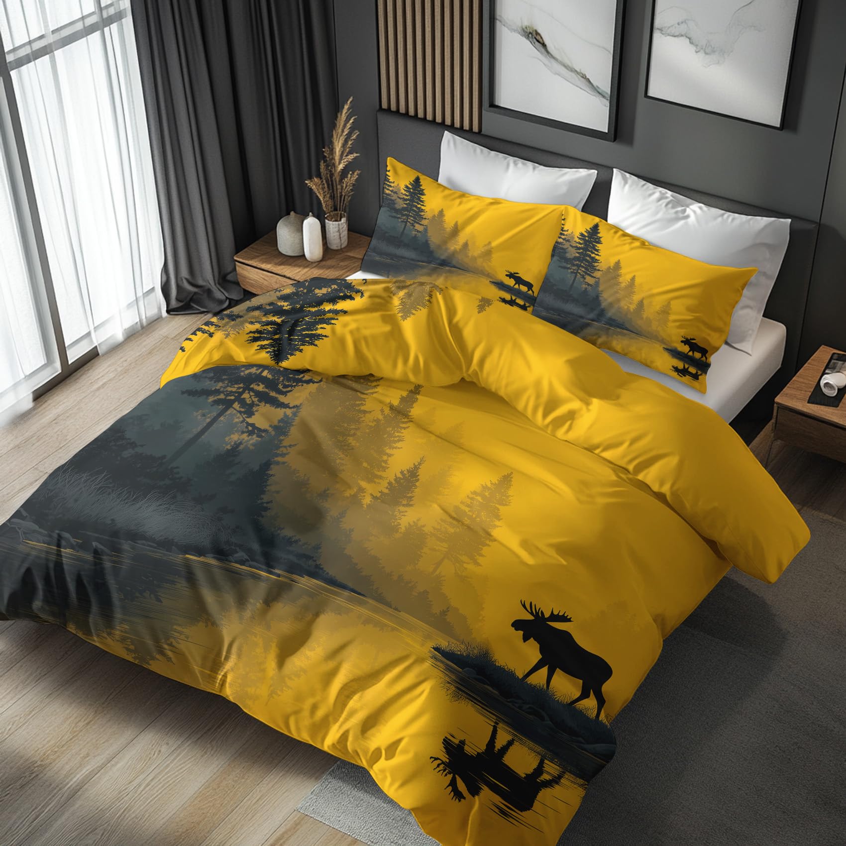 Moose Emperor Duvet Cover Sets - Deer Forst Wildlife Bedding & Bedroom Decor, Super Soft Microfiber Quilt Cover and 2 Pillowcases, with Zip, Reversible Design SD-1187