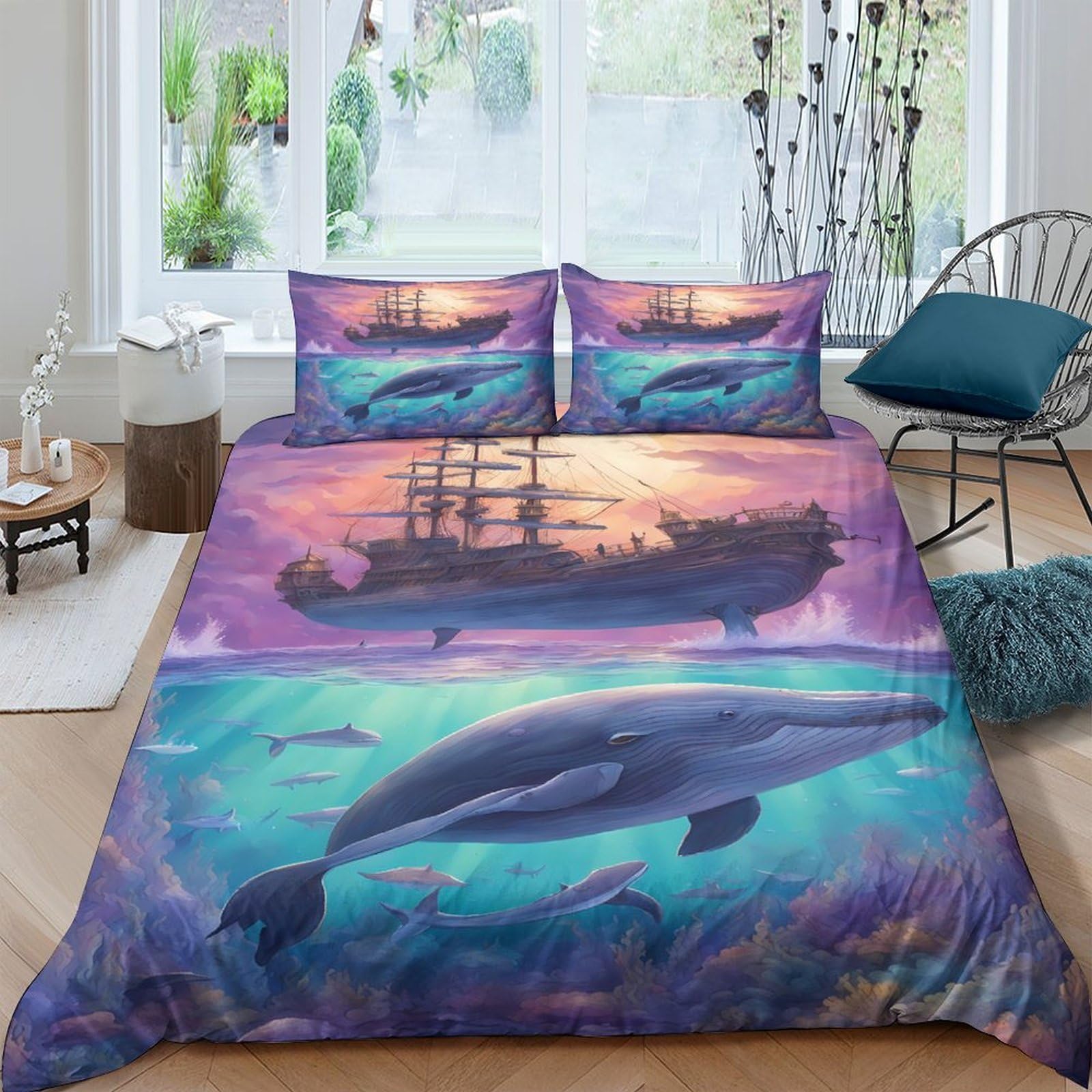 Ctjqhvkz Style-5 3D Printed Ocean Whale Fitted Sheet Microfiber Soft Sunset Ship Bed Cover For Bedroom Guest Room Decor Protection Single（135X200cm）