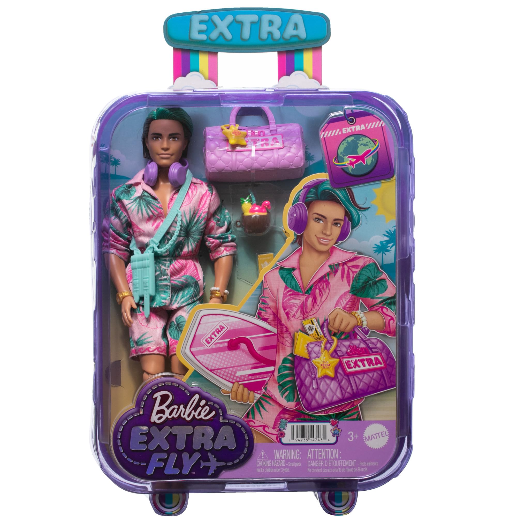 Barbie - Extra Fly, bambola Ken viaggiatore con look da spiaggia, outfit alla moda dal motivo tropicale, con tavola da surf e borsone, accessori inclusi, giocattolo per bambini, 3+ anni, HNP86