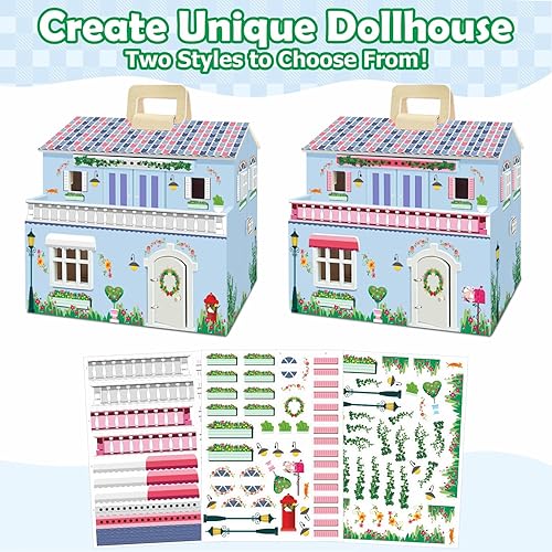 Miniatura 3 de Casa de muñecas de madera DIY con 3 hojas de calcomanías, crea 2 estilos (blanco y rosa), diseño plegable con mango portátil y cerradura de metal, 4