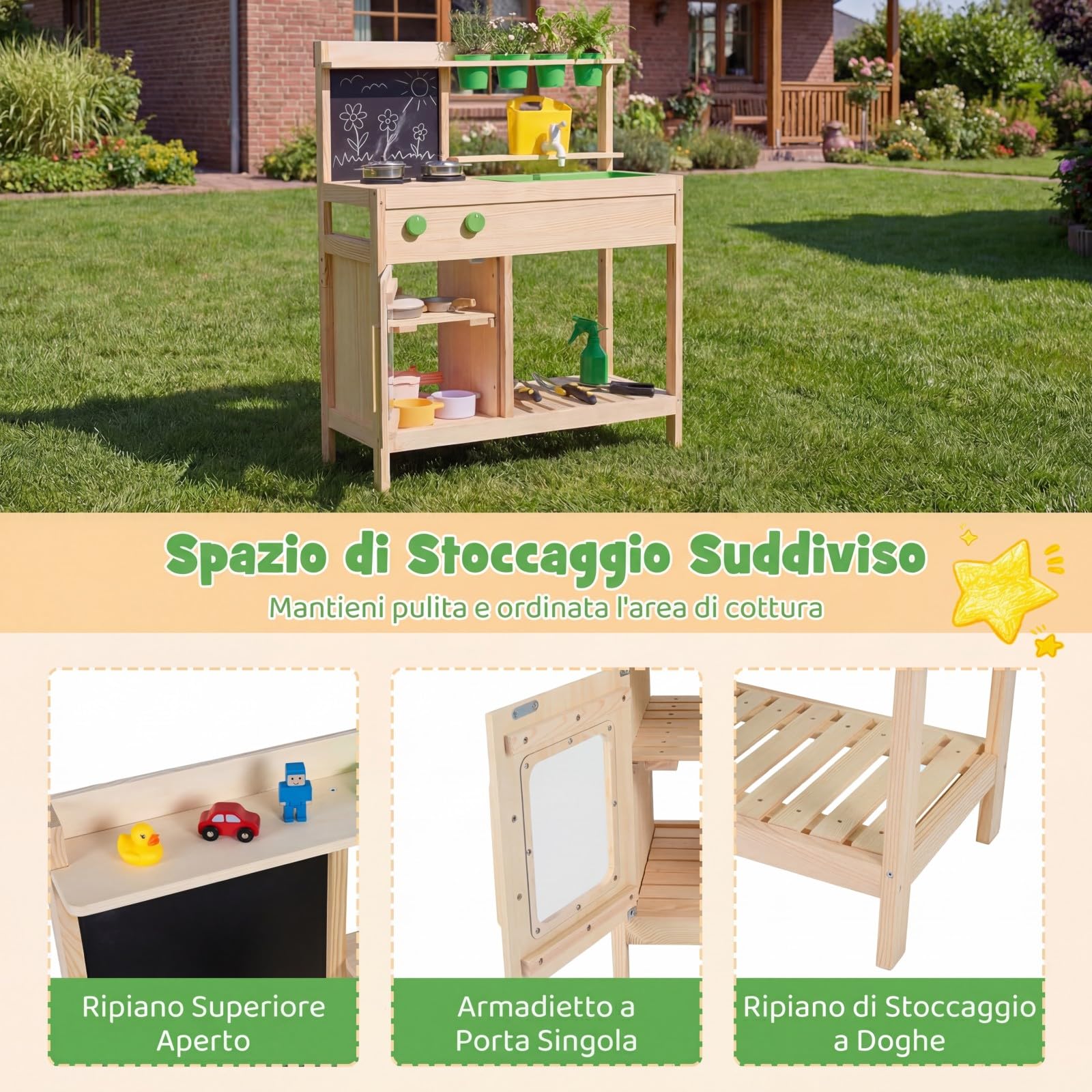 RELAX4LIFE Cucina Giocattolo per Bambini, Set di Cucina in Legno Massiccio con Lavagna, Serbatoio d’Acqua, Lavello Rimovibile, Giocattolo Educativo da Giardino e Balcone per Bambini 3+ Anni