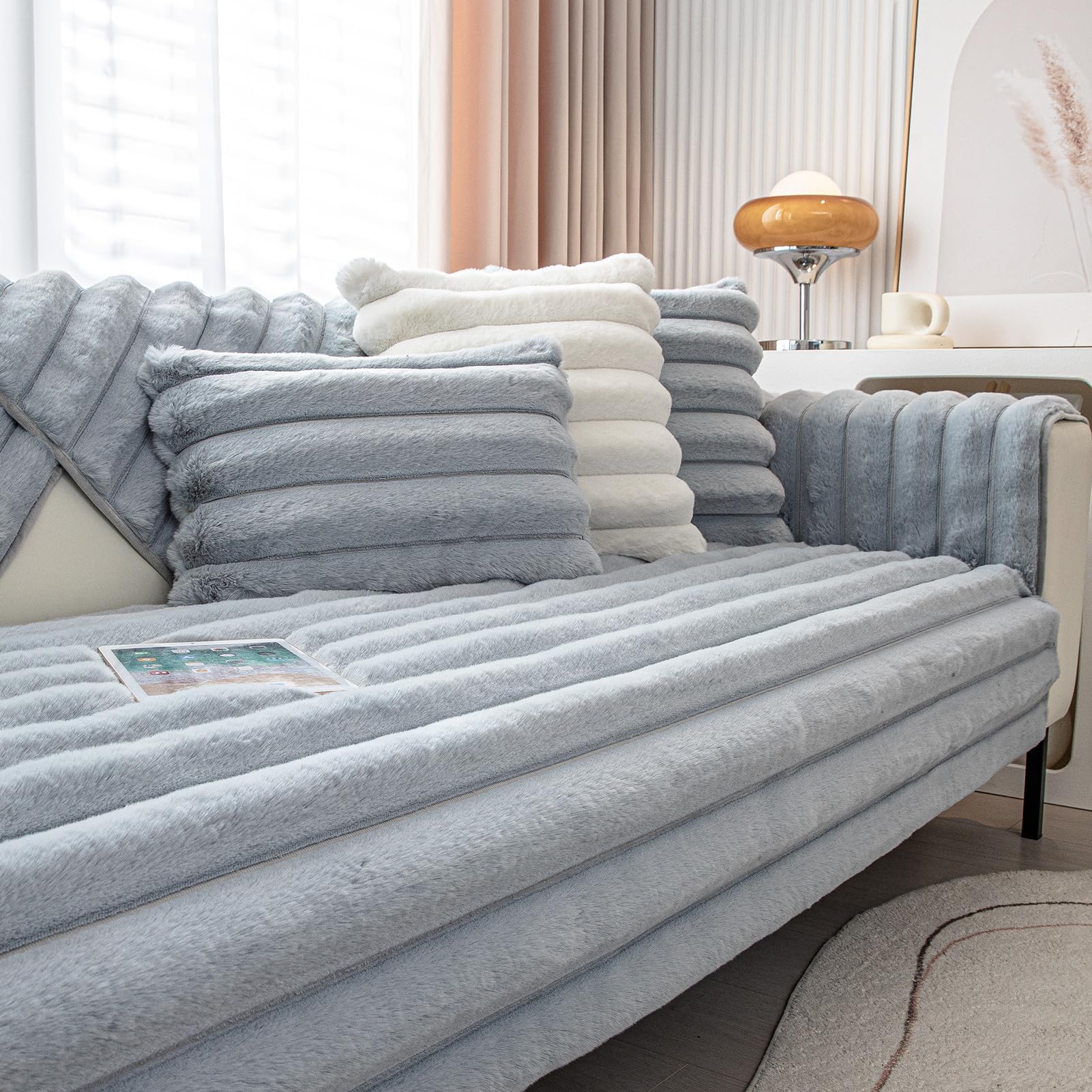 GYHH Thick Rabbit Plush Striped Sofa Cover, NonSlip Sofa Cushion Covers Furniture Protector for I Shape Corner L Shape 1 2 3 4 Seater Recliner Fluffy Couch Covers