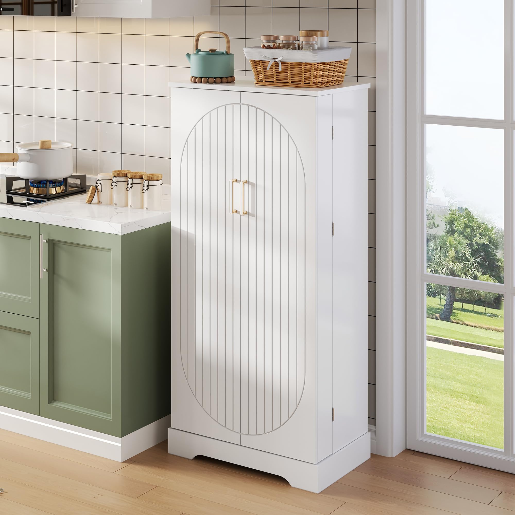 Merax Küchenschrank mit LED, Vorratsschrank mit 2-Türiger, Buffetschrank Hoch mit Höhenverstellbaren Einlegeböden, Küchenbuffet für Wohnzimmer, Küche, Esszimmer, 60×35×128cm (Weiß)