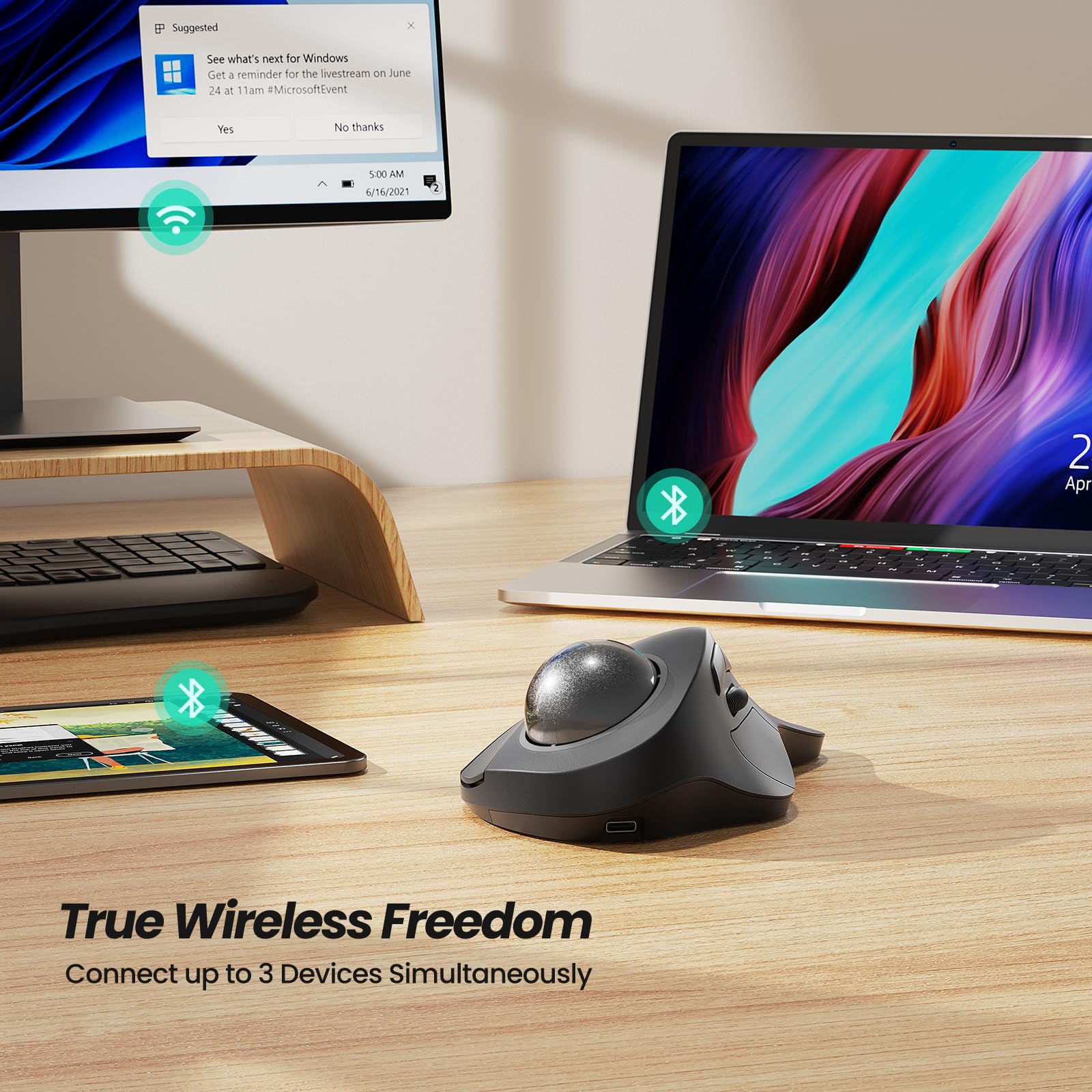 Nulea Wireless Ergonomic Trackball Mouse, Rechargeable, Bluetooth, 44mm Index Finger Trackball, 5 DPI Ajustables, Compatible avec PC, Laptop, iPad, Mac, Windows, Android