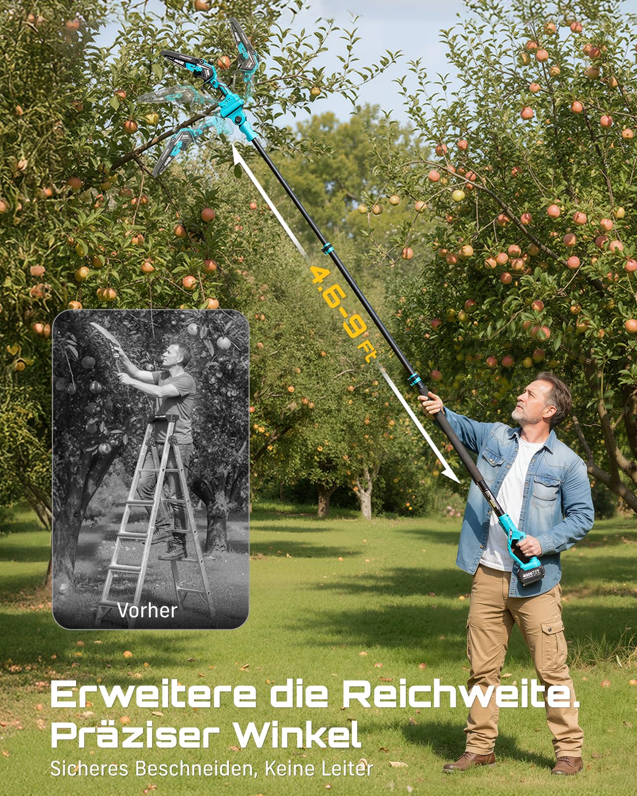 SEESII 2-in-1 Akku Hochentaster, 6-Zoll Bürstenlose Mini-Kettensäge mit 2 x 4000 mAh Batterien, 4.87m Reichweite, Kompatible mit Makita Akku 18V, für Baum Trimmen Ast Schneiden Gartengerät