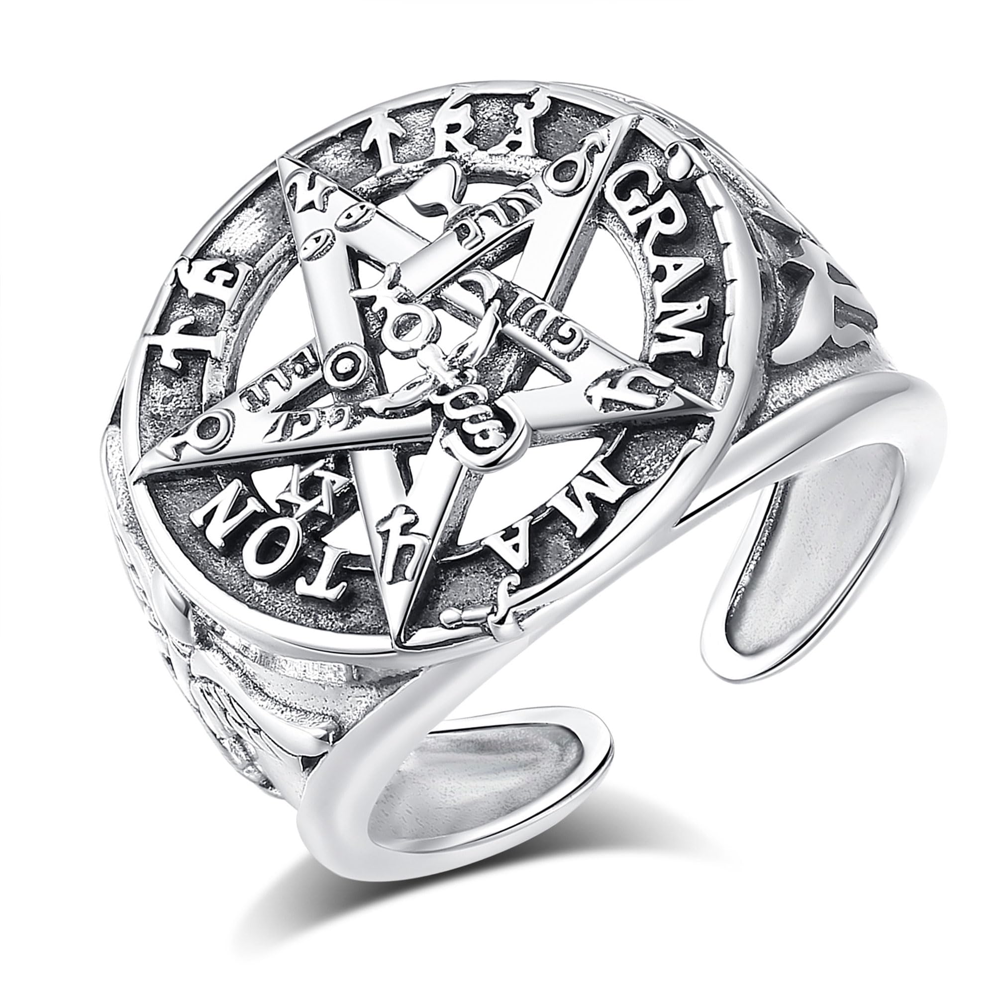 AEONSLOVE Anillos Tetragramaton Plata de Ley 925 para Hombre Mujer, Anillos Ajustables Pentagrama de Protección, Anillo Abierto Wiccano Vintage