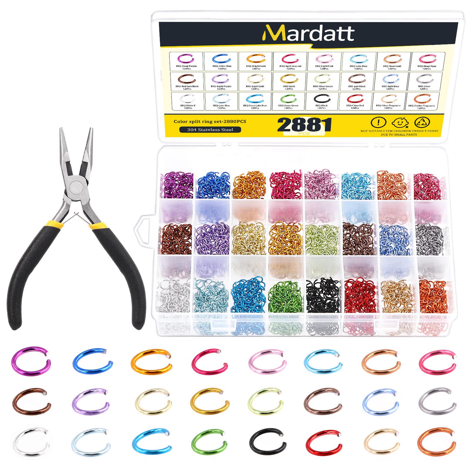 Mardatt 2881 Stück 24 Farben 6 mm offene Biegeringe Sortimentskit mit Schmuckzange, Aluminium-Schmuckherstellungszubehör, Erkennungs-Set für DIY-Ohrringe, Halsketten, Schmuckherstellung, Zubehör
