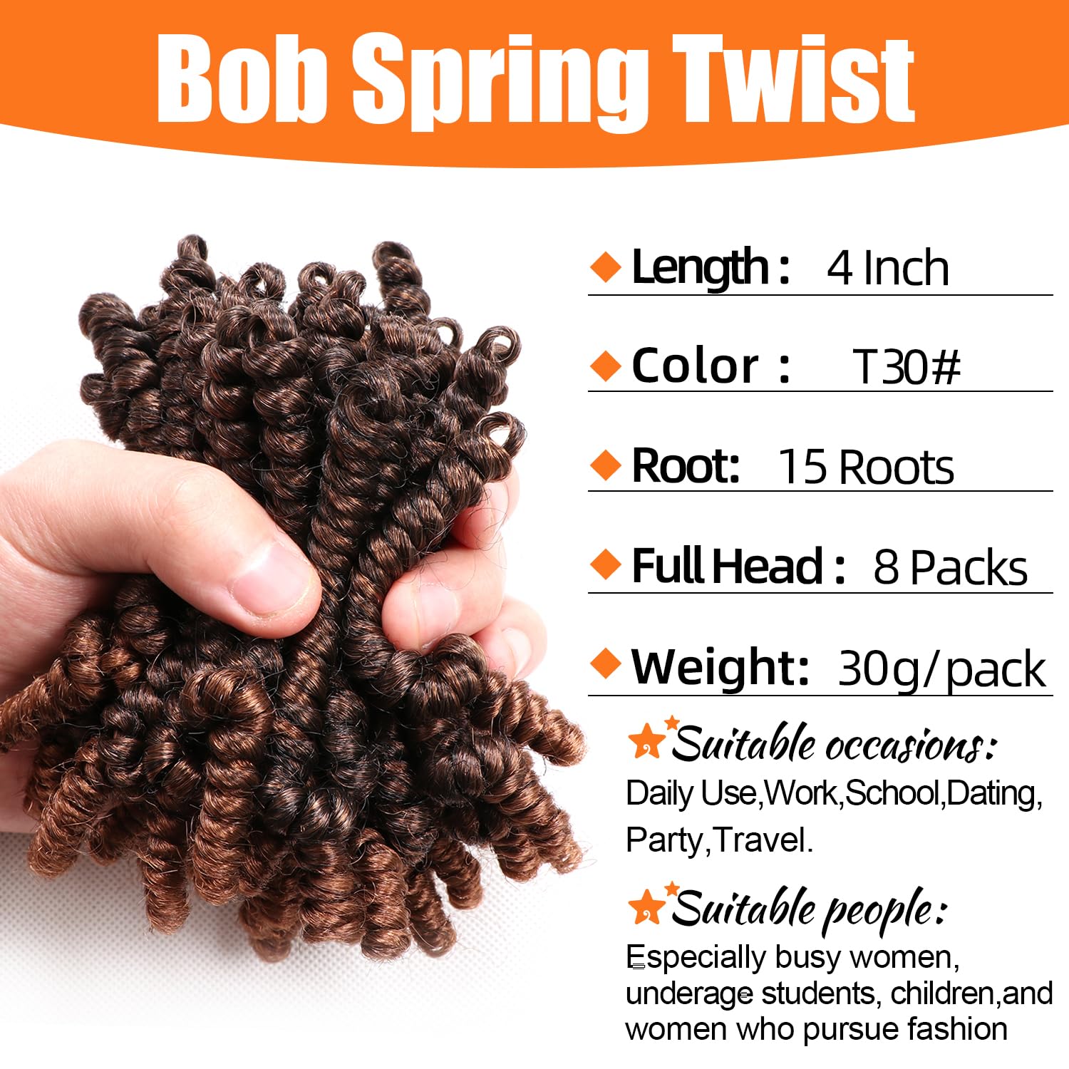 8 Packs Short Spring Twist Crochet Hair 4Inch Pretwisted Passion Twist Crochet Hair Curly Pre Looped Crochet Braids Hair Bomb Twist Kids Crochet Hair for Black Women (4 Inch, T30#)