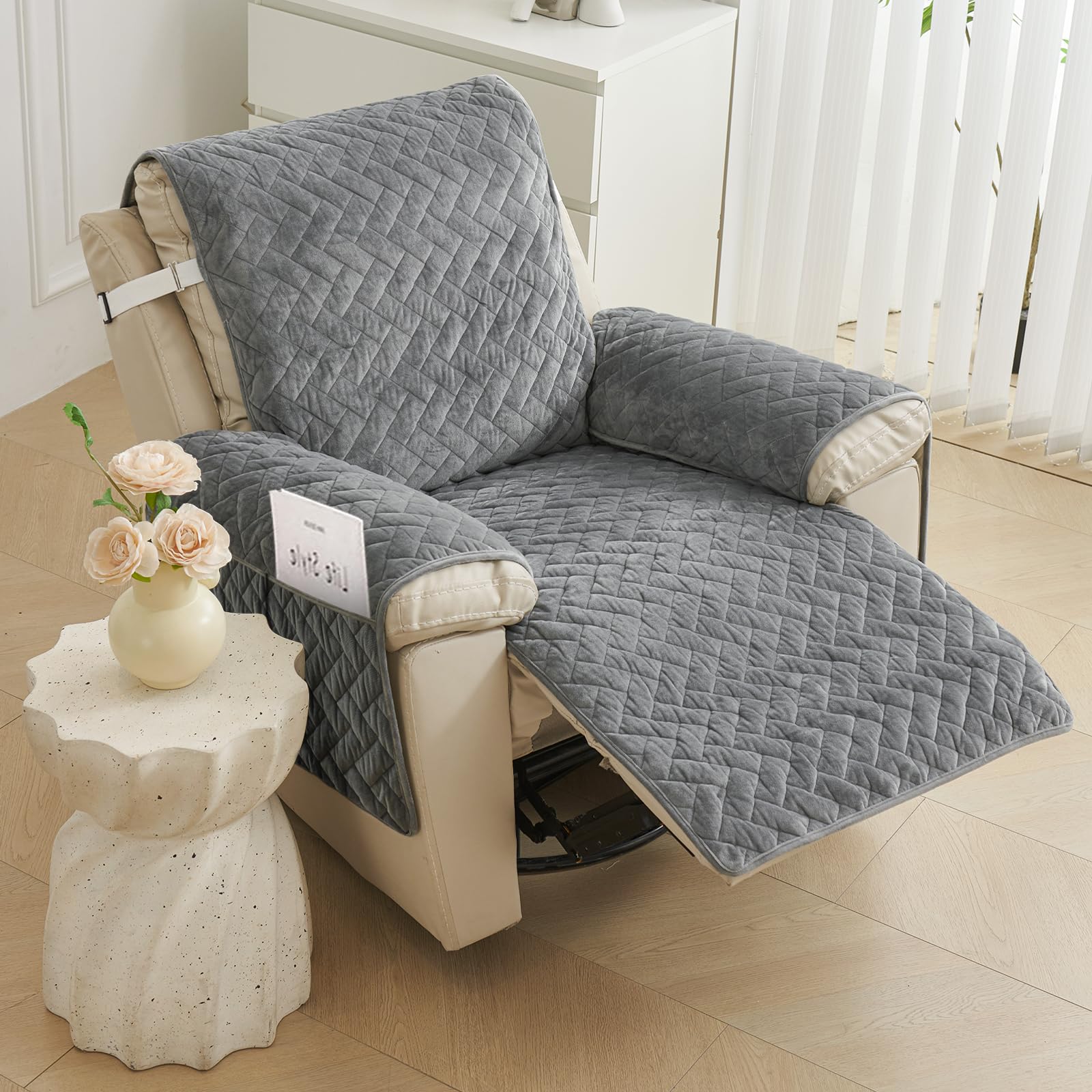 Sesselschoner für Relaxsessel, 1 Sitzer Sesselschoner mit Taschen, Schutz vor Schmutz und Kratzern, rutschfest Fernsehsessel Bezug (Grau, 1 Sitzer)