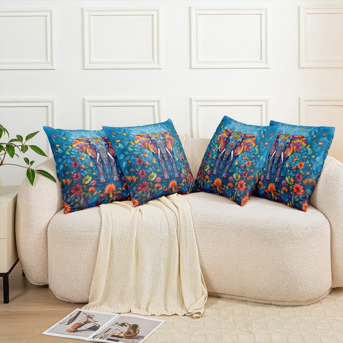 Flowers Rustic Garden Botanical Double Sides Print Pillow Cover for Sofa Couch Chair,Ethnic Elephant Wildlife Animals Throw Pillow Case Cover,Elephant Single Pack Cushion Cover Room Decor,24"x 24"