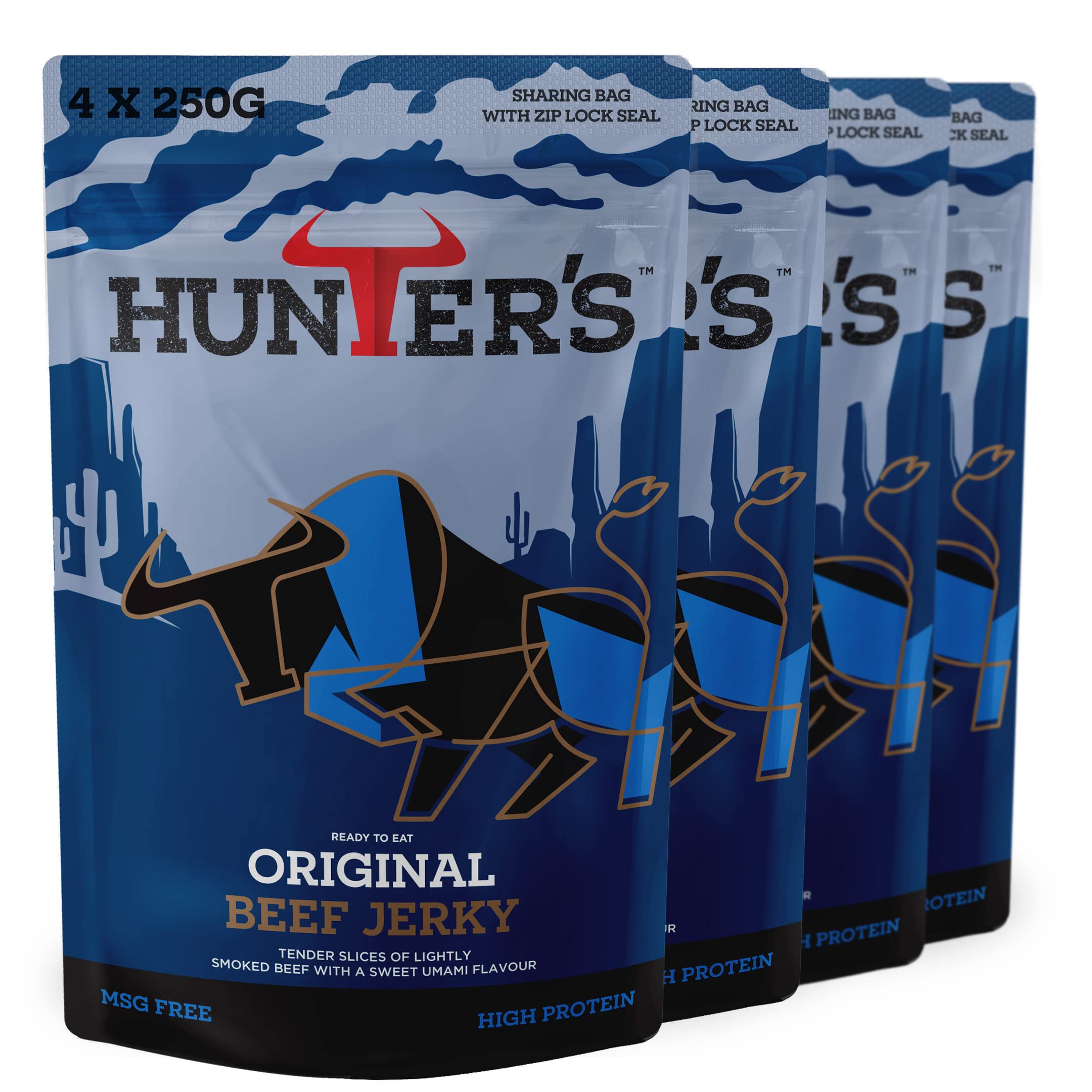 Hunters Original Beef Jerky, 1kg Pack of 4 x 250g Lightly Smoked Beef Jerky, High Protein, MSG Free, Tender slices of Beef infused with rich Umami flavours