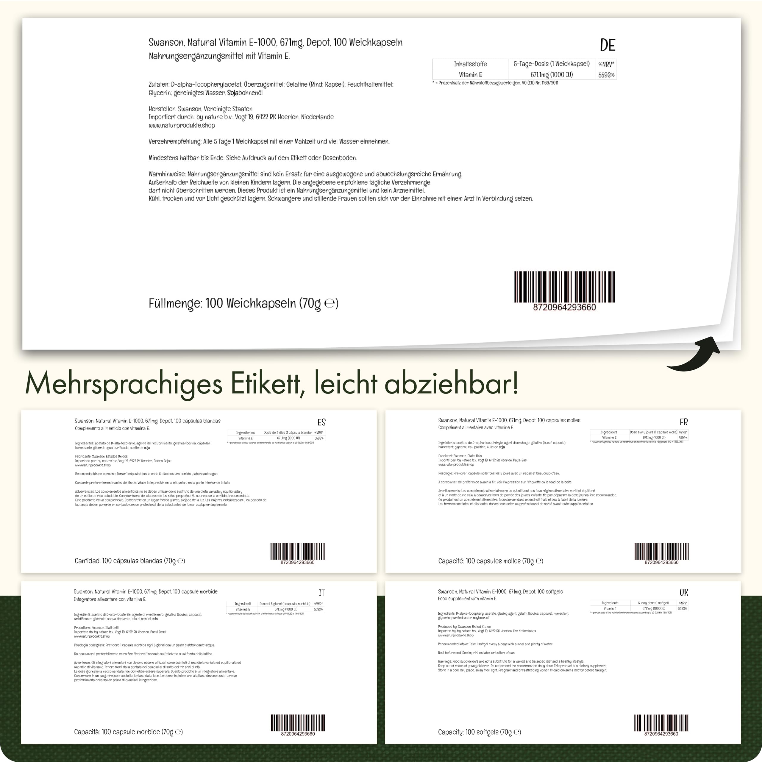 Swanson, Natural E-1000, 100 Softgels, 1000IU Vitamin E je Dosis, Glutenfrei, GMO frei, Geschmacksneutral