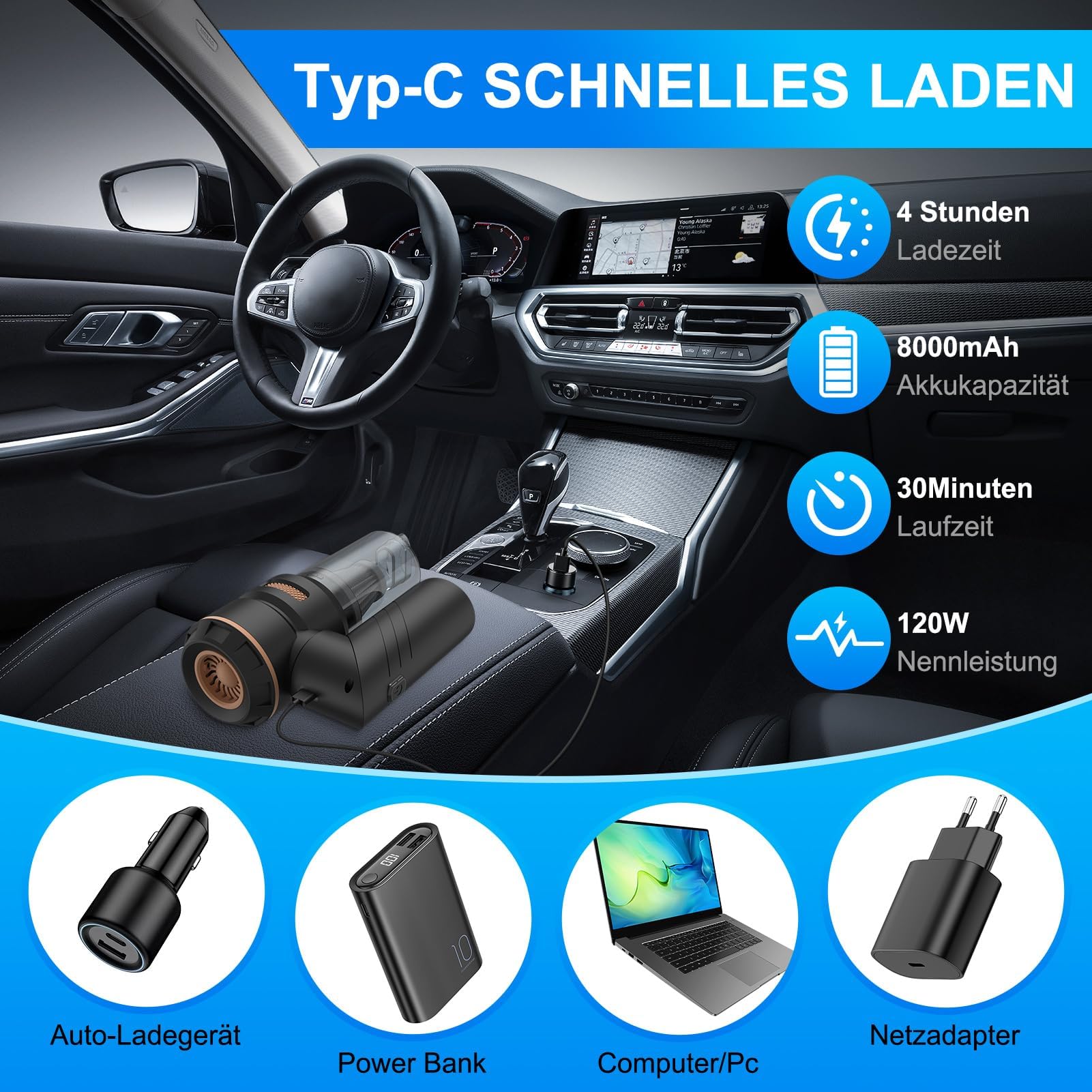 Fwiull Aspirapolvere per auto, 18000PA Aspirapolvere Portatile, 200000 U/min & Regolazione a 3 Velocità Aspirapolvere Portatile Senza Fili, Aspirapolvere per Auto pieghevole per Ufficio, Auto, Cucina