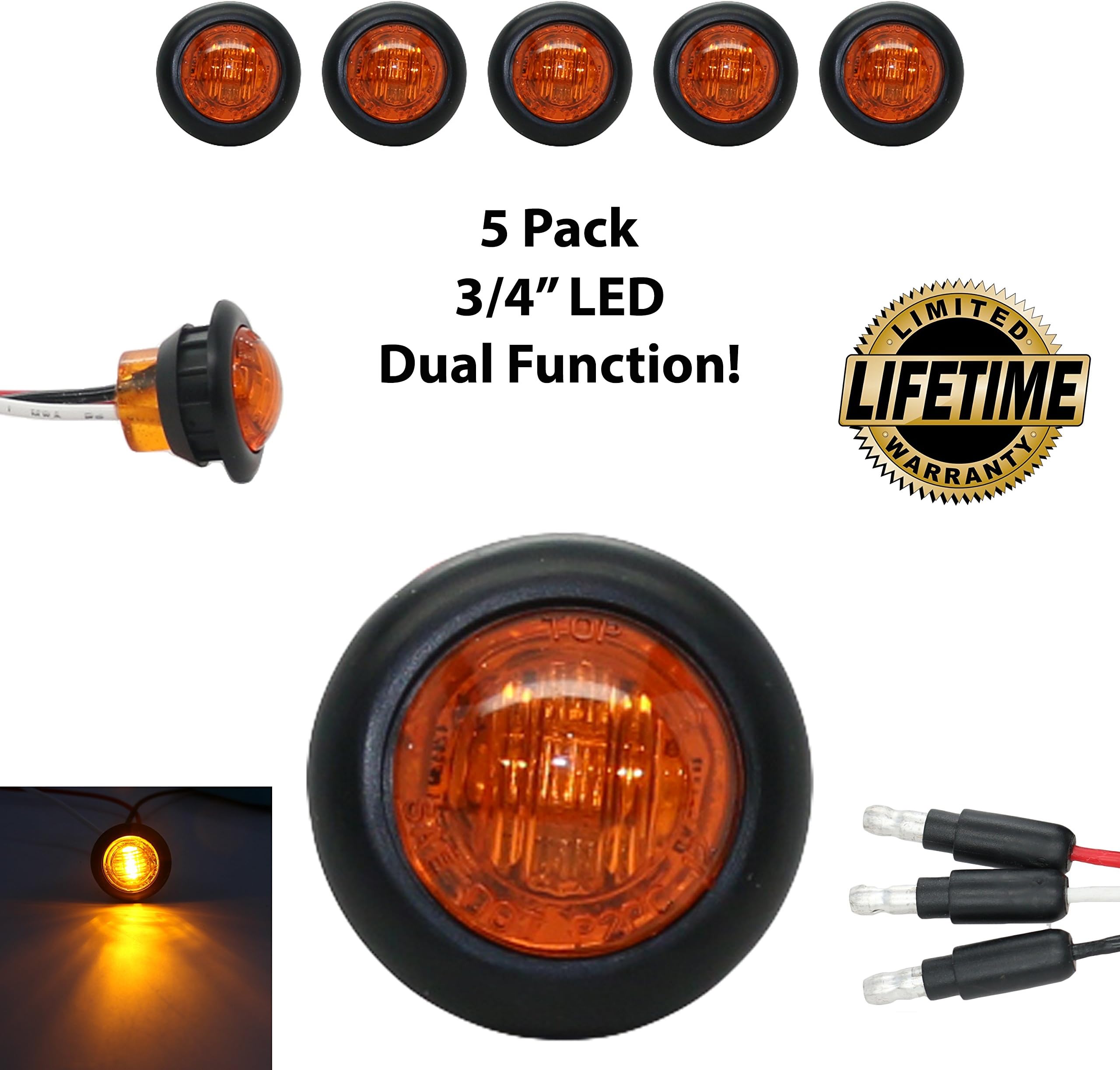 5 pack 3/4" LED Clearance Marker Bullet Grommet Lights, Dual Function, 3 Wire (Amber) 3 LED Triple High Output
