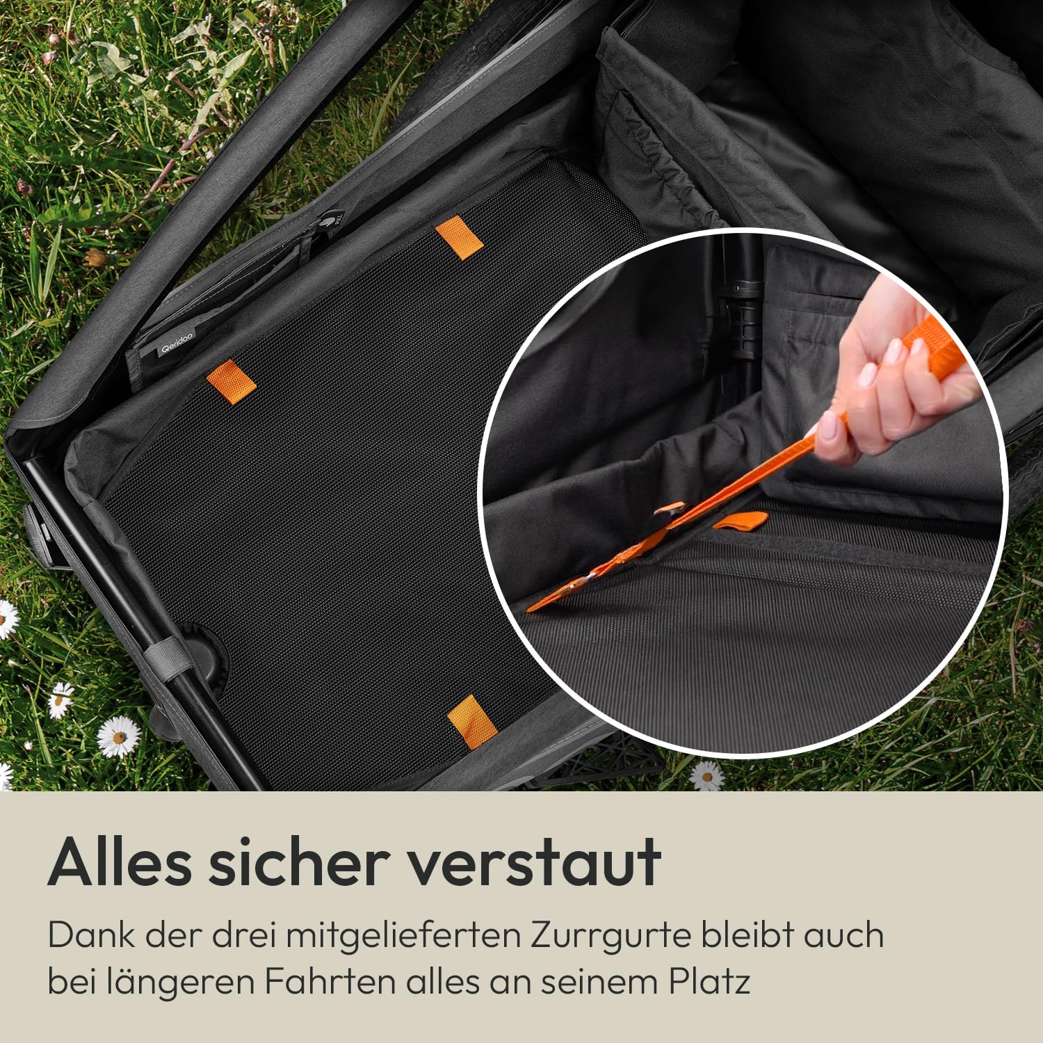 Qeridoo Cargo Einlegeplatte Einsitzer | Zubehör für Fahrradanhänger | Verwandelt Kinderfahrradanhänger in Lastenanhänger | Inklusive Zurrgurte & Klemmstange | Einfache Montage & sichere Fixierung