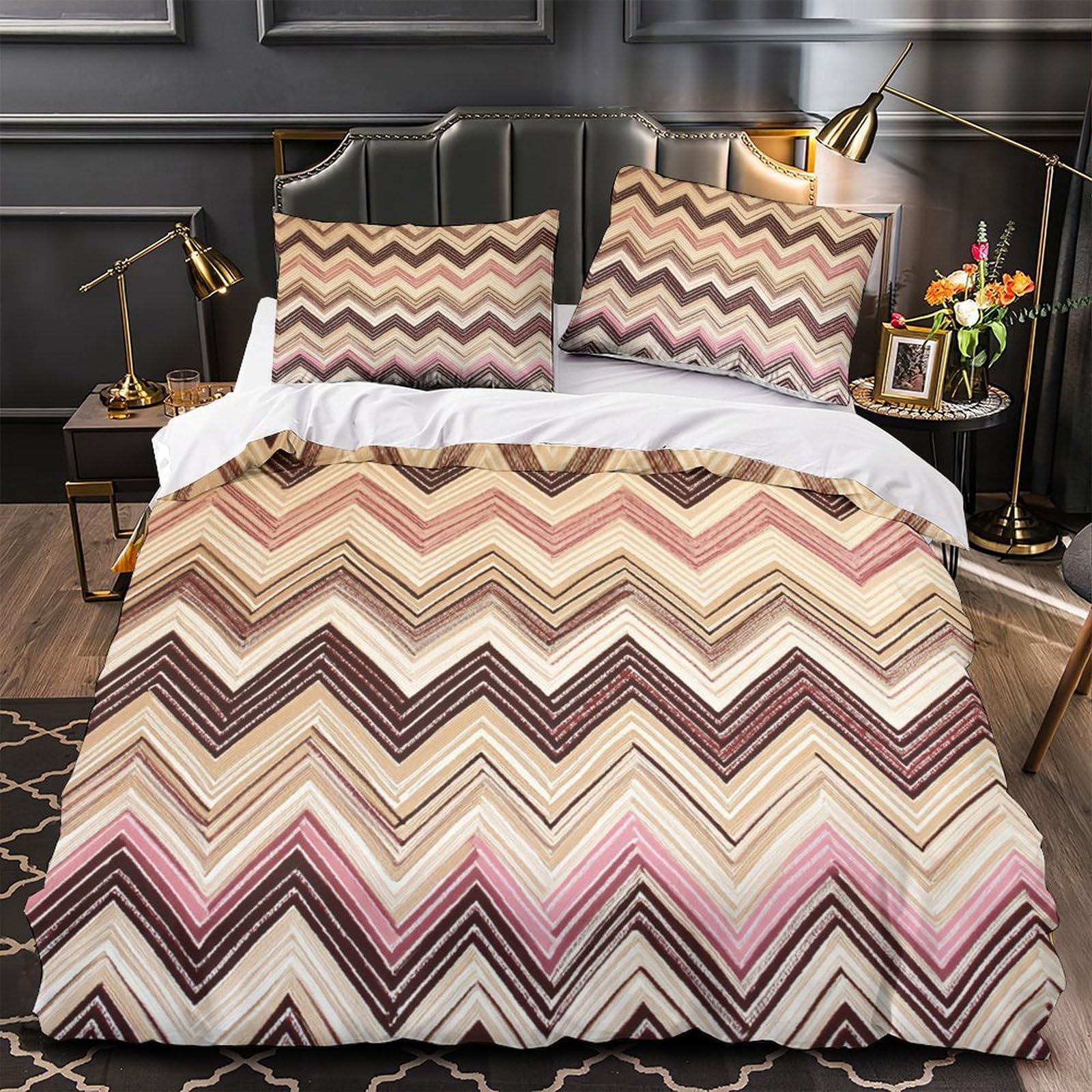 Parure housse de couette 3 pièces en microfibre motif 3D zigzag