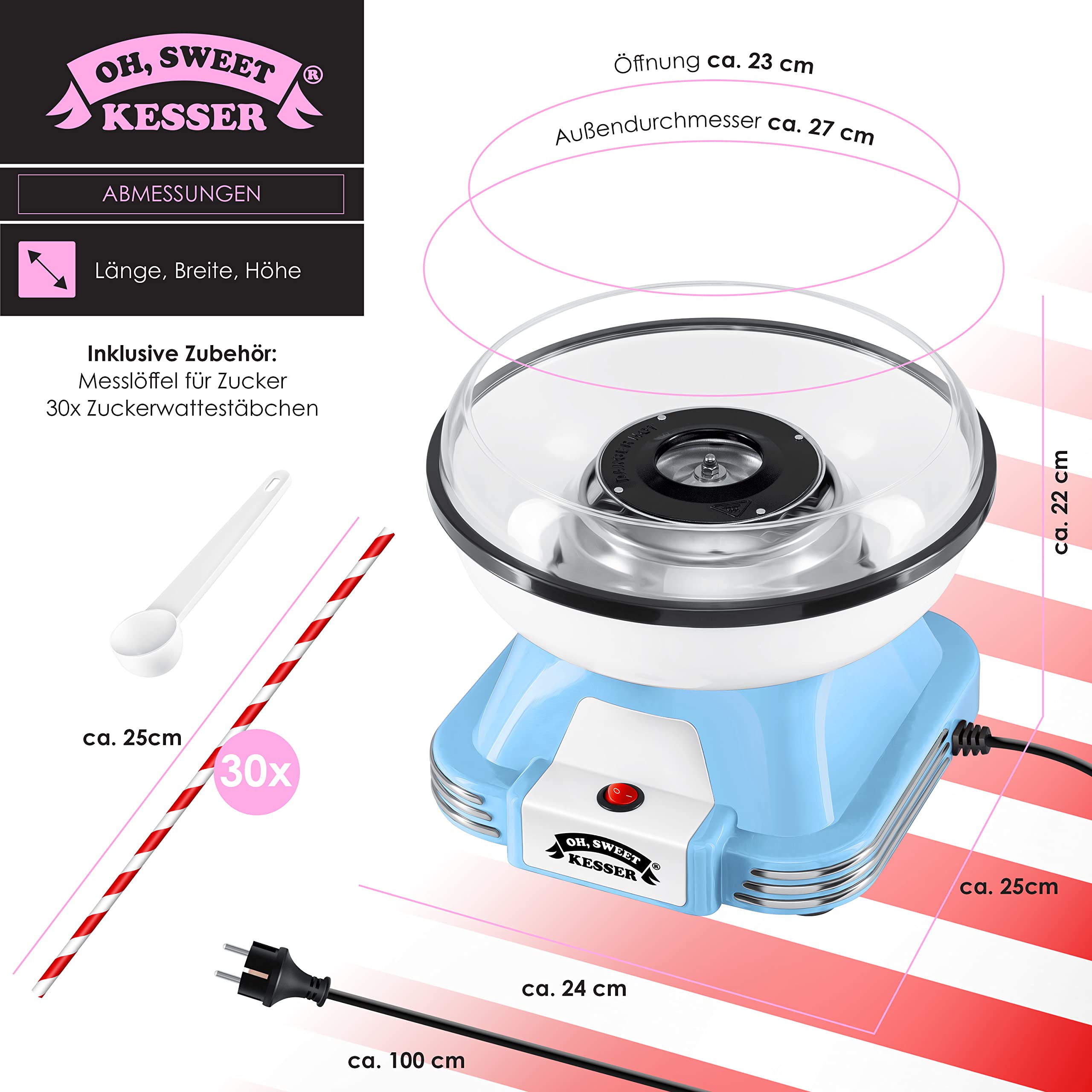 Kit machine à barbe à papa KESSER® pour la maison - Avec 30 bâtonnets à barbe à papa et cuillère doseuse - Machine à barbe à papa rétro - Machine à barbe à papa avec accessoires - Hauteur 22cm - 500W