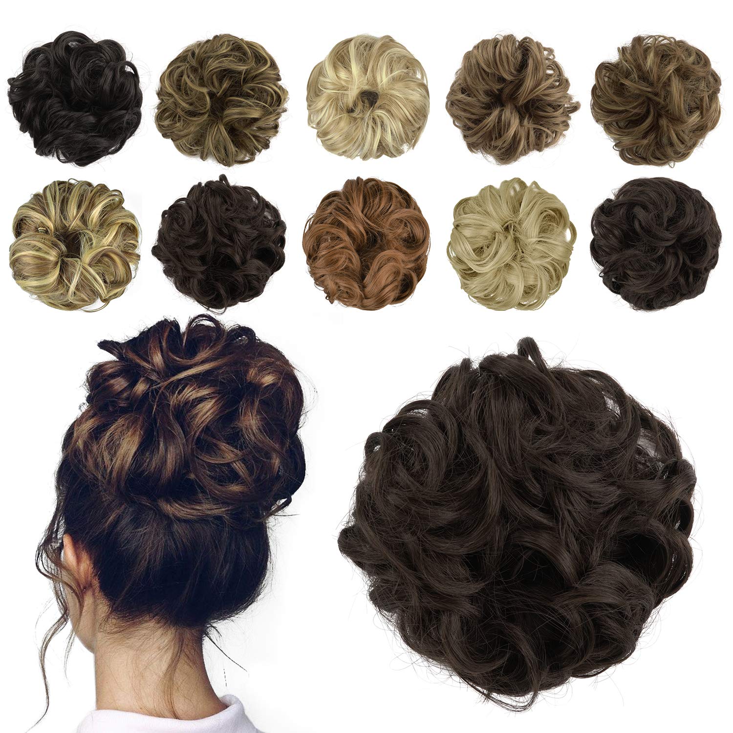 FESHFEN Messy Bun Hair Piece Medium Brown Wavy Curly Large Hair Bun Scrunchies Extensions Synthetic Tousled Updo Hairpieces for Women Girls