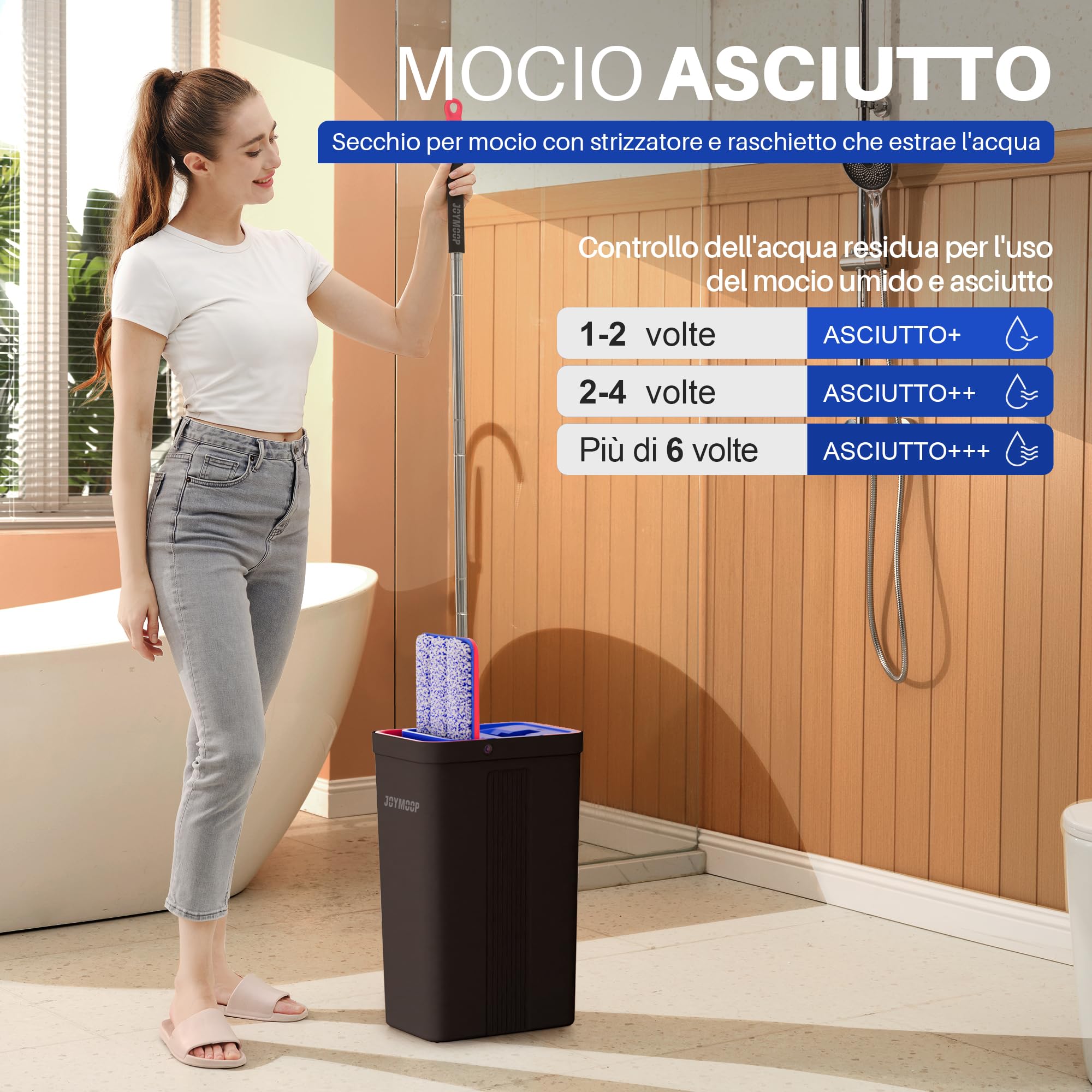 JOYMOOP set mocio lavapavimenti e secchio con strizzatore, 4 panni in microfibra lavabili, uso a secco e umido, sistema pulizia pavimenti - Nero + Rosso + Blu Ardesia