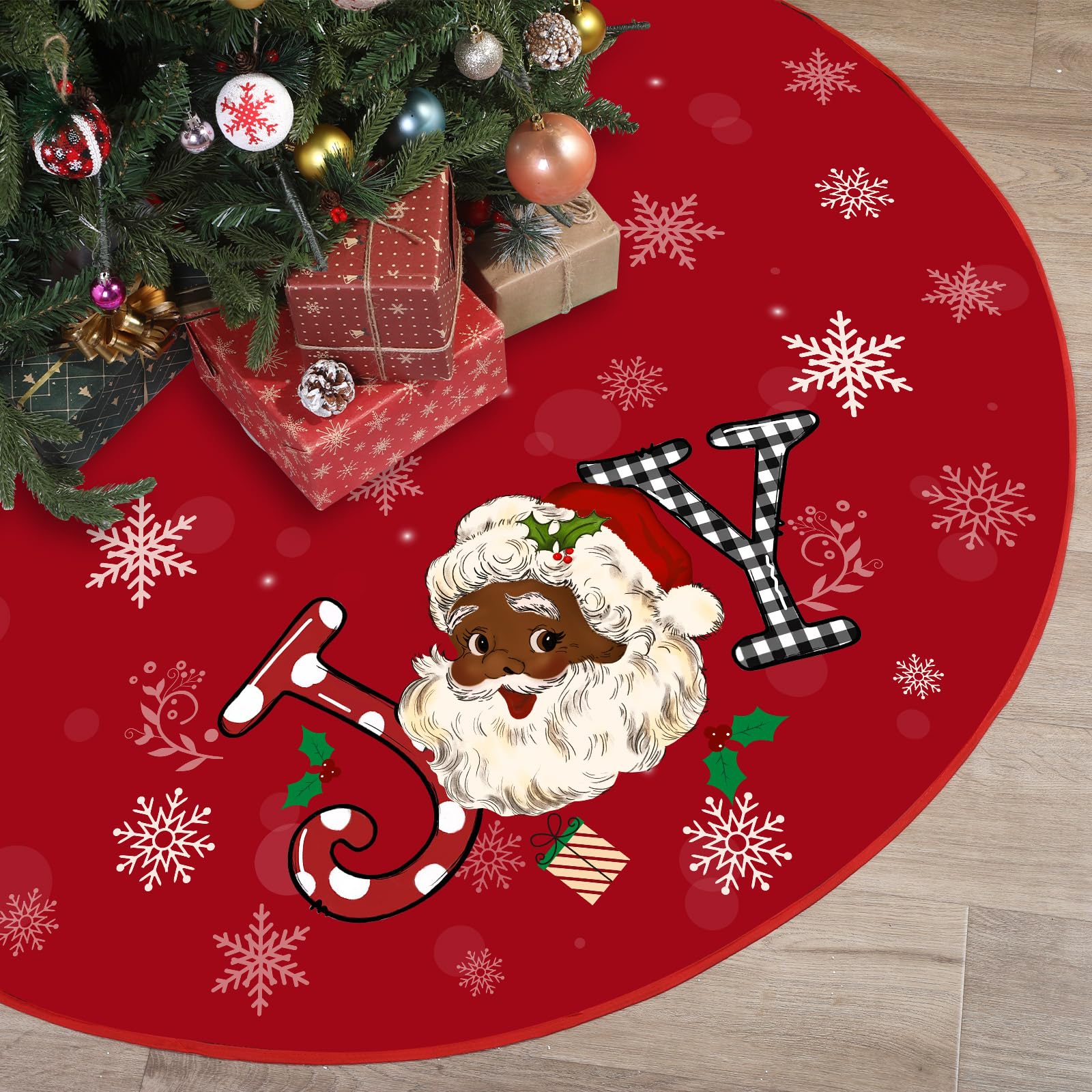 Tiamon Christmas Tree Skirt 48 Inch Black Santa Tree Skirt African American Xmas Tree Mat Decor Snowflake Joy Santa Claus Tree Decor for Winter Holiday Christmas Tree Decoration Supplies(Red)